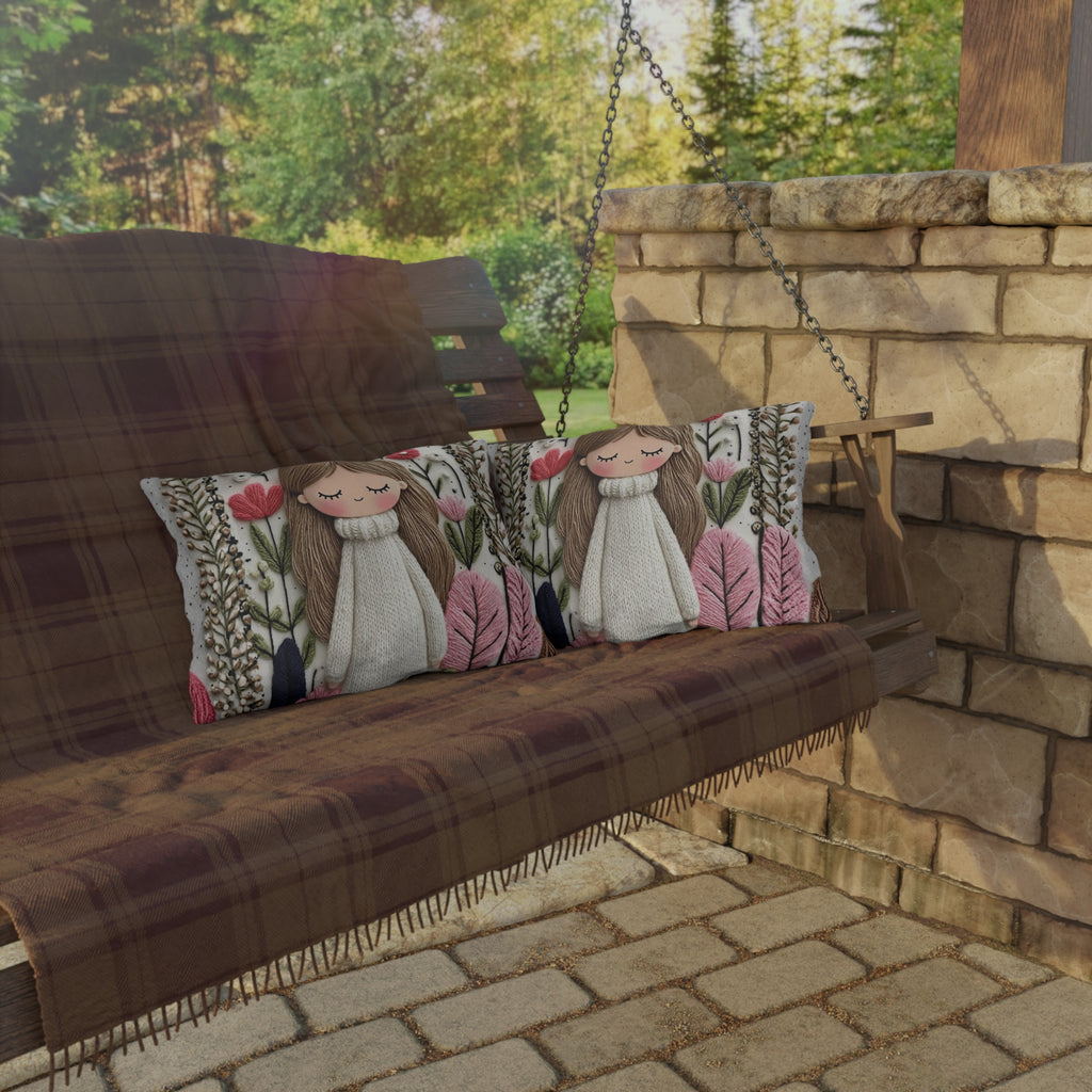 Cute Girl Floral Outdoor Pillow — Whimsical Garden Accent Cushion