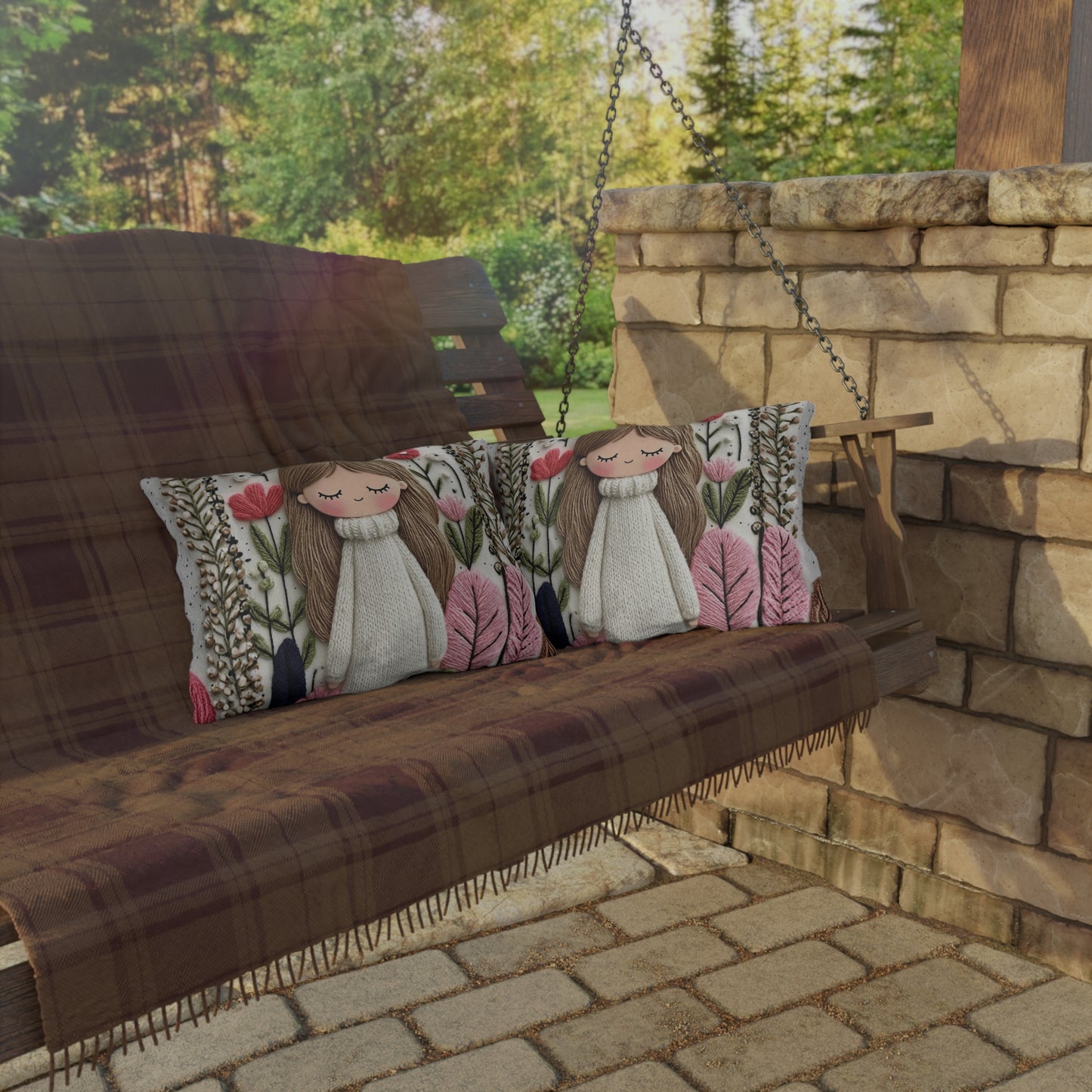 Cute Girl Floral Outdoor Pillow — Whimsical Garden Accent Cushion