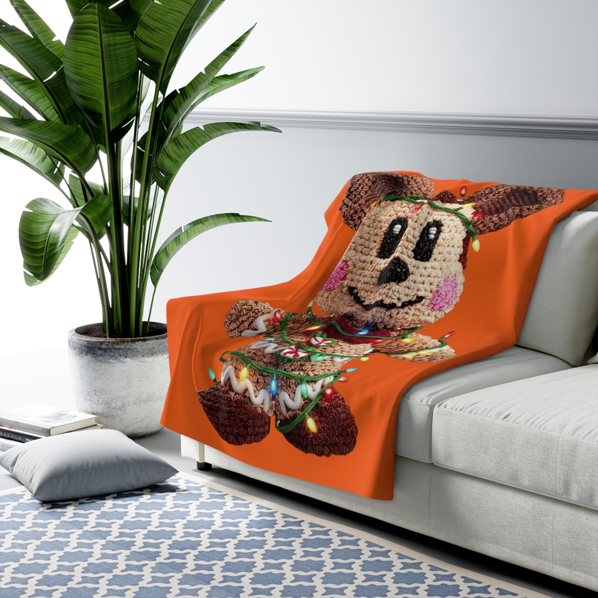 Cozy Crochet Mouse Holiday Sherpa Blanket — Cute Gingerbread Toy Wrapped in Christmas Lights