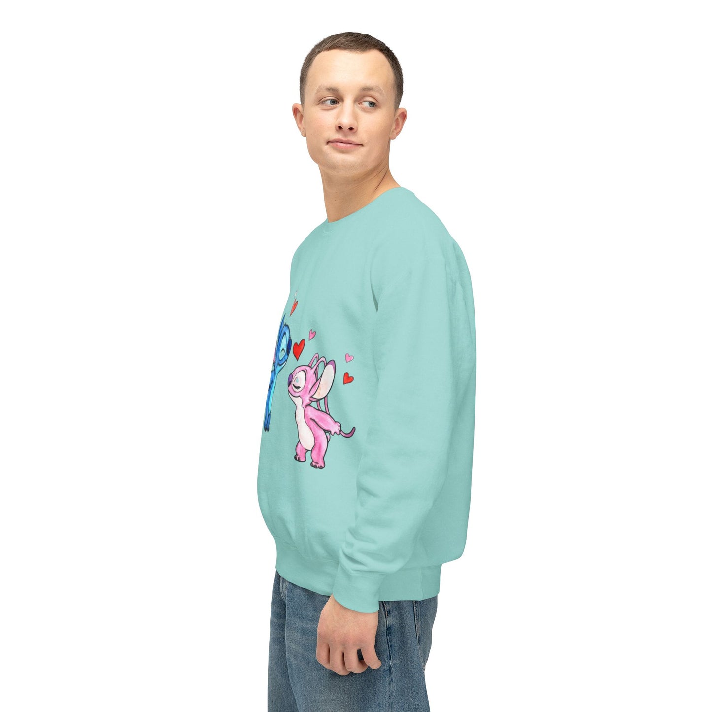 Cute Stitch Valentine Sweatshirt — Blue & Pink Love Characters with Hearts