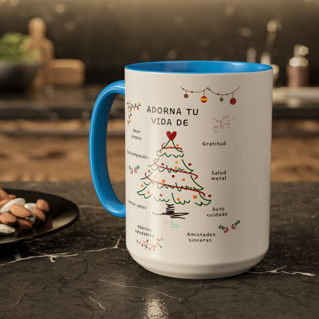 Mug — 'Adorna Tu Vida' Christmas Tree Spanish Holiday Coffee Mug (11oz/15oz)