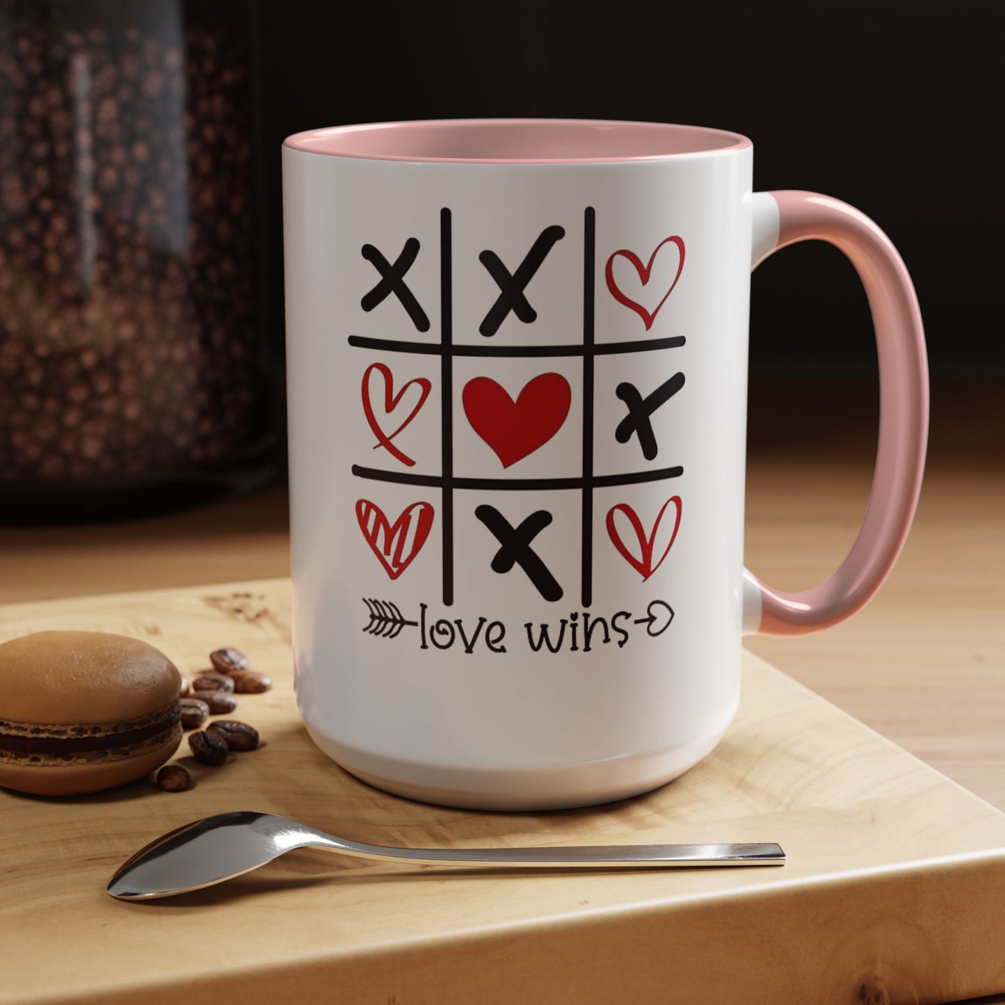 Love Wins Tic-Tac-Toe Heart Accent Coffee Mug — Romantic Valentine 11/15oz