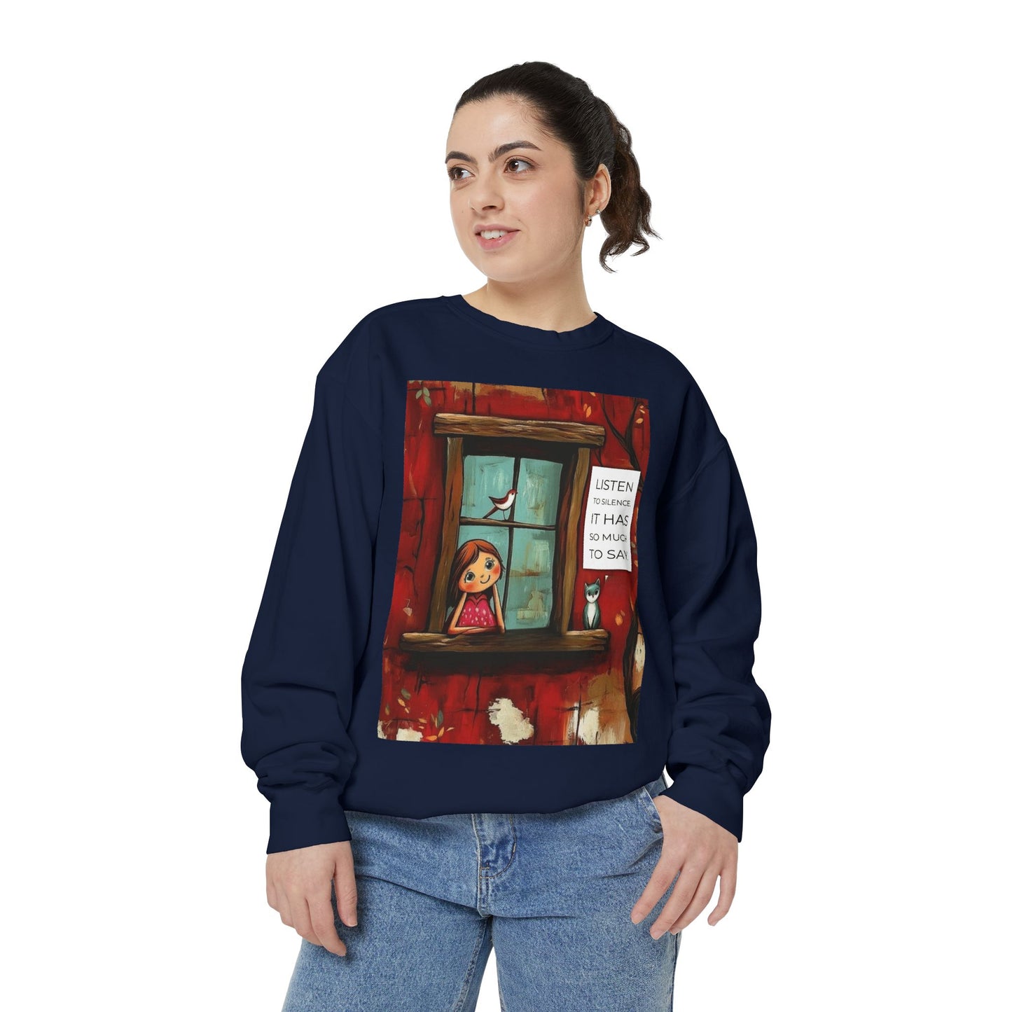 Cozy Window Scene Sweatshirt  "Listen, It Has So Much to Say" Graphic