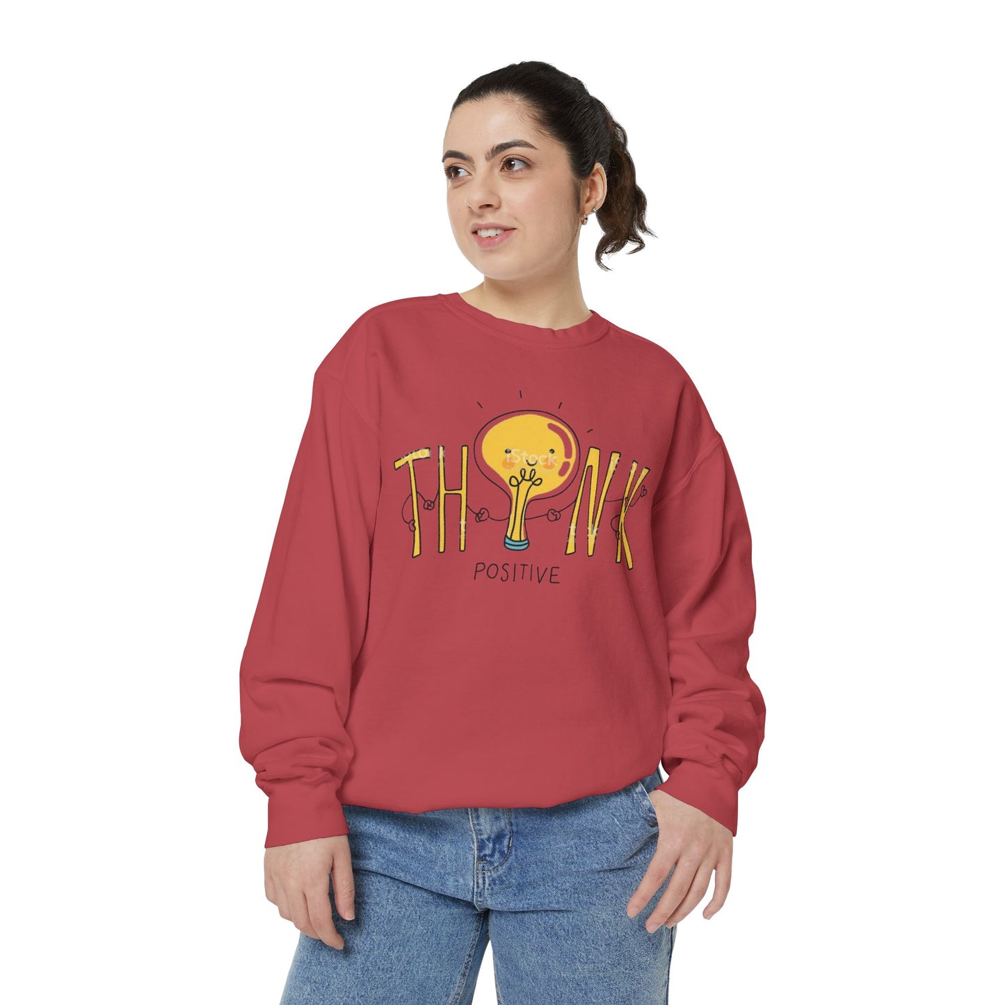 Think Positive Sweatshirt  Cute Lightbulb Graphic Positive Vibes Crewneck