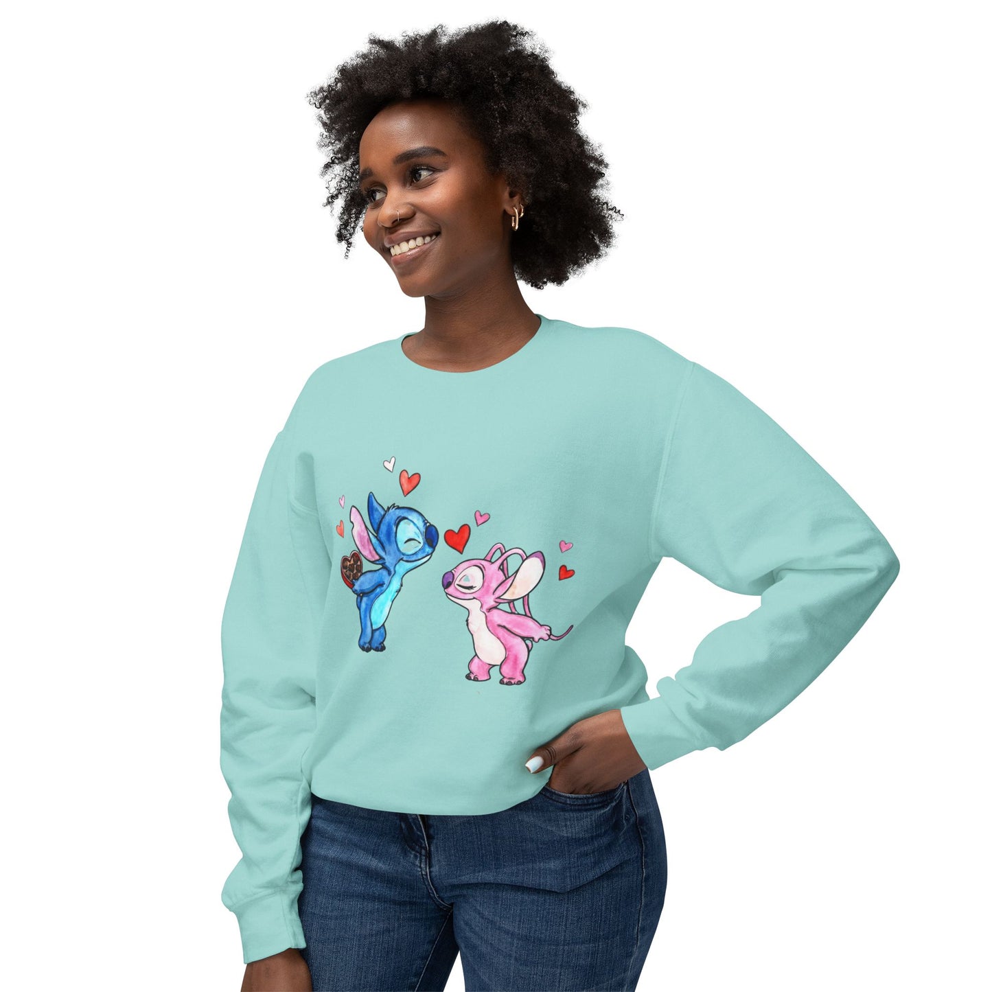 Cute Stitch Valentine Sweatshirt — Blue & Pink Love Characters with Hearts
