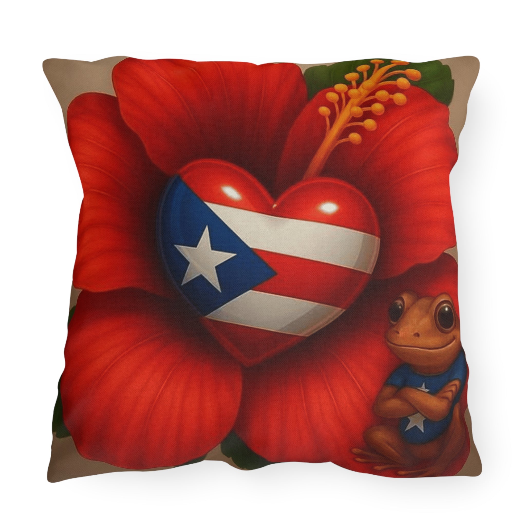 Puerto Rico Heart Flag Outdoor Pillow — Coquí & Hibiscus Patio Cushion Puerto Rico Culture Pillow
