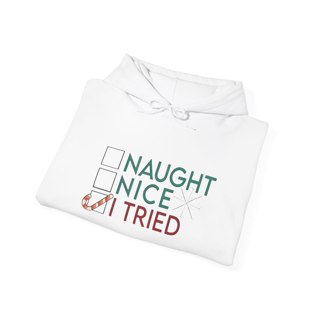 Holiday Hoodie — "Naughty, Nice, I Tried" Funny Christmas Sweatshirt