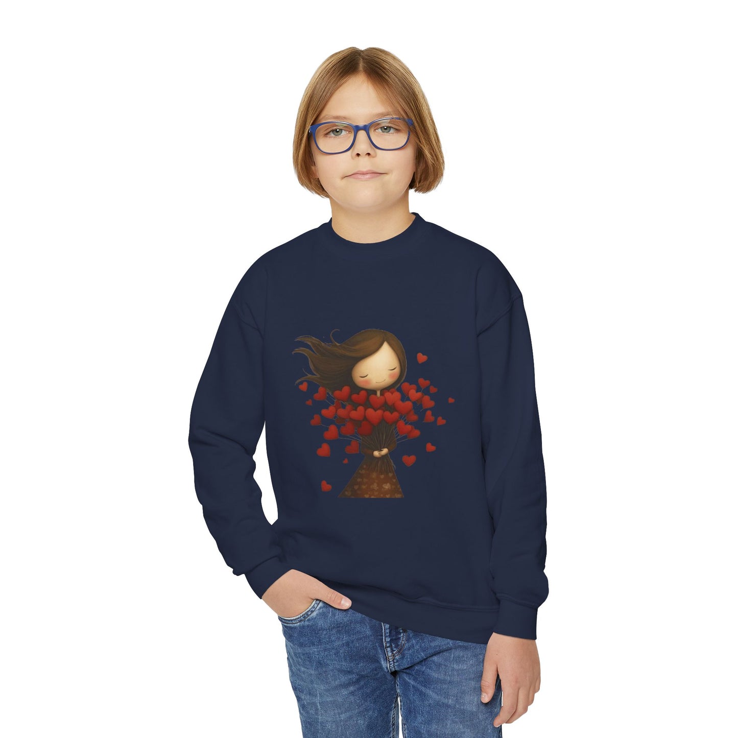 Youth Sweatshirt  Cute Girl with Heart Shower "Love Bug" Crewneck