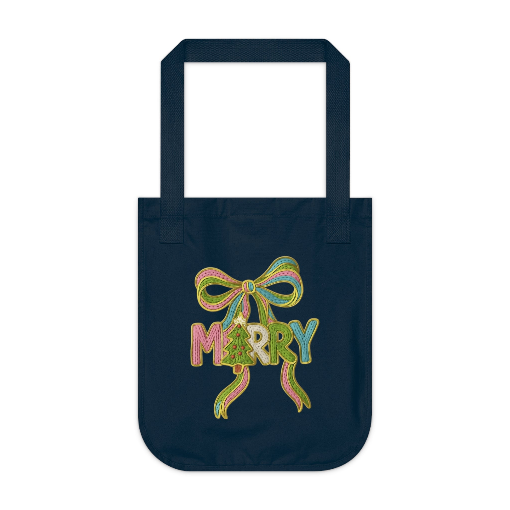 Tote Bag 'Merry' Ribbon Christmas Canvas Tote Organic Holiday Market Bag Christmas gift tote