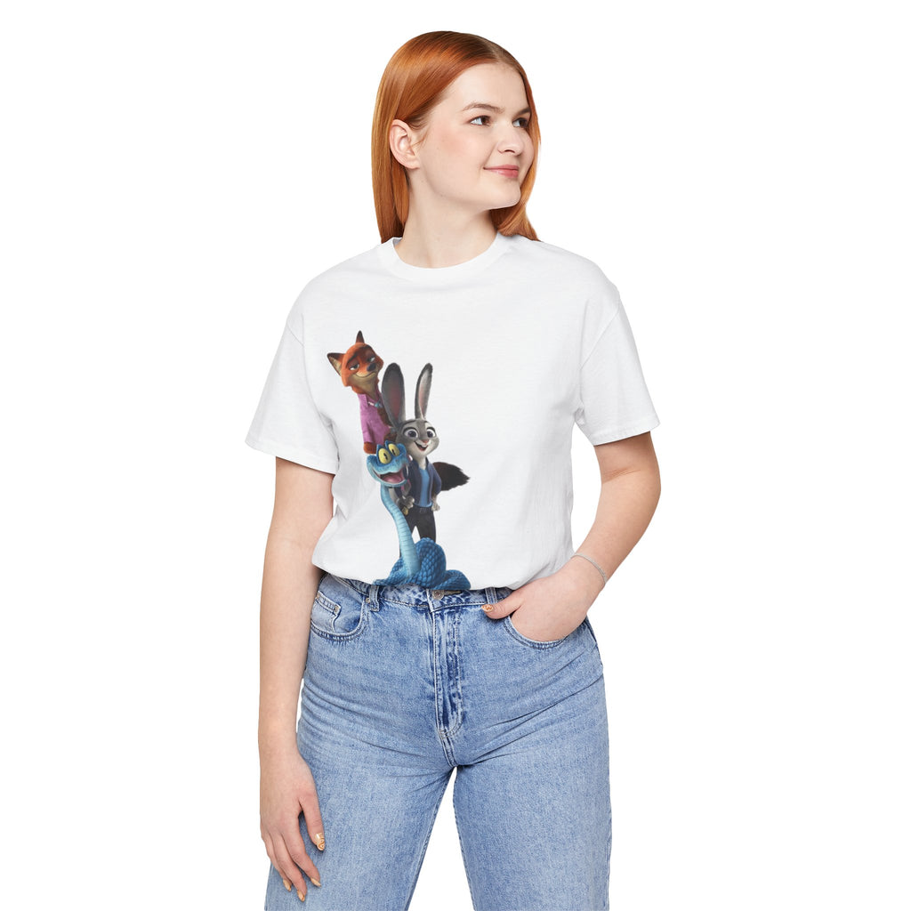 Animated Character Tee — Cute Fox & Bunny Stack Graphic T-Shirt  cartoon-style Christmas artwork