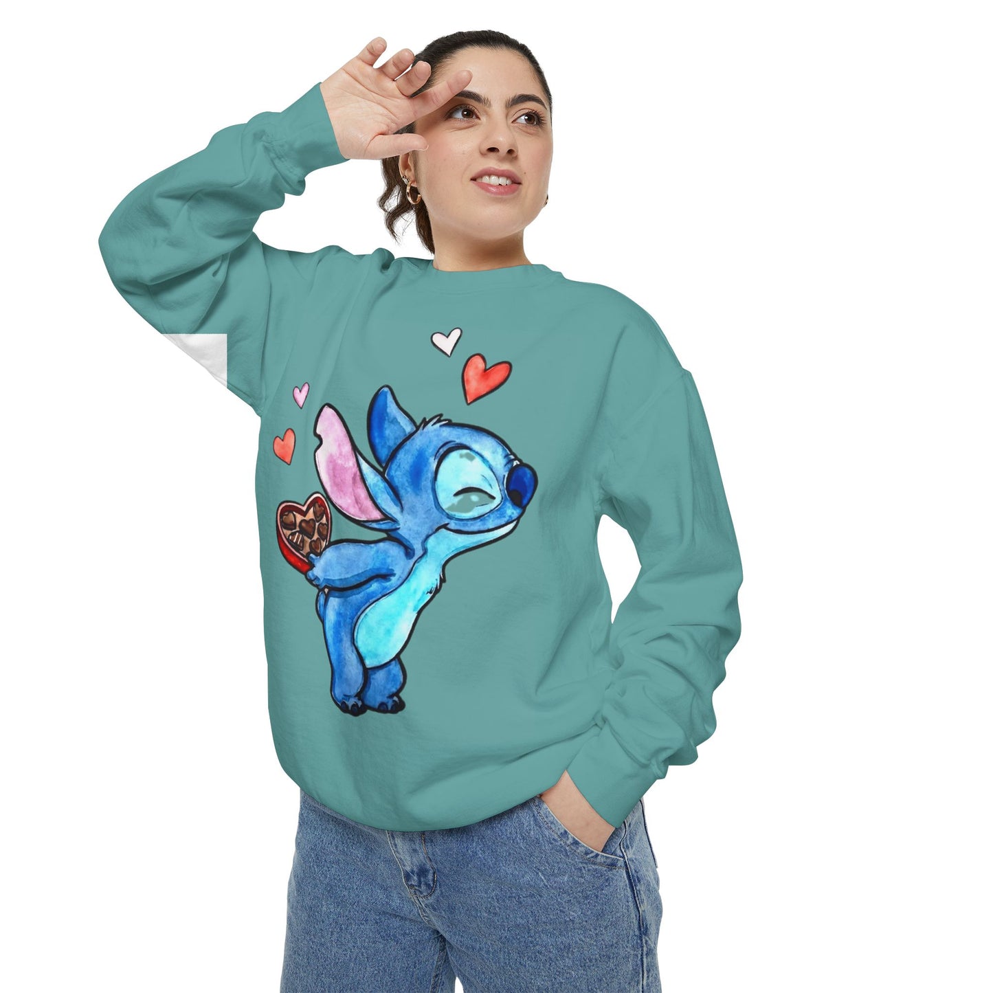 Stitch Valentine Sweatshirt — Cute Blue Alien with Hearts & Chocolate Pocket