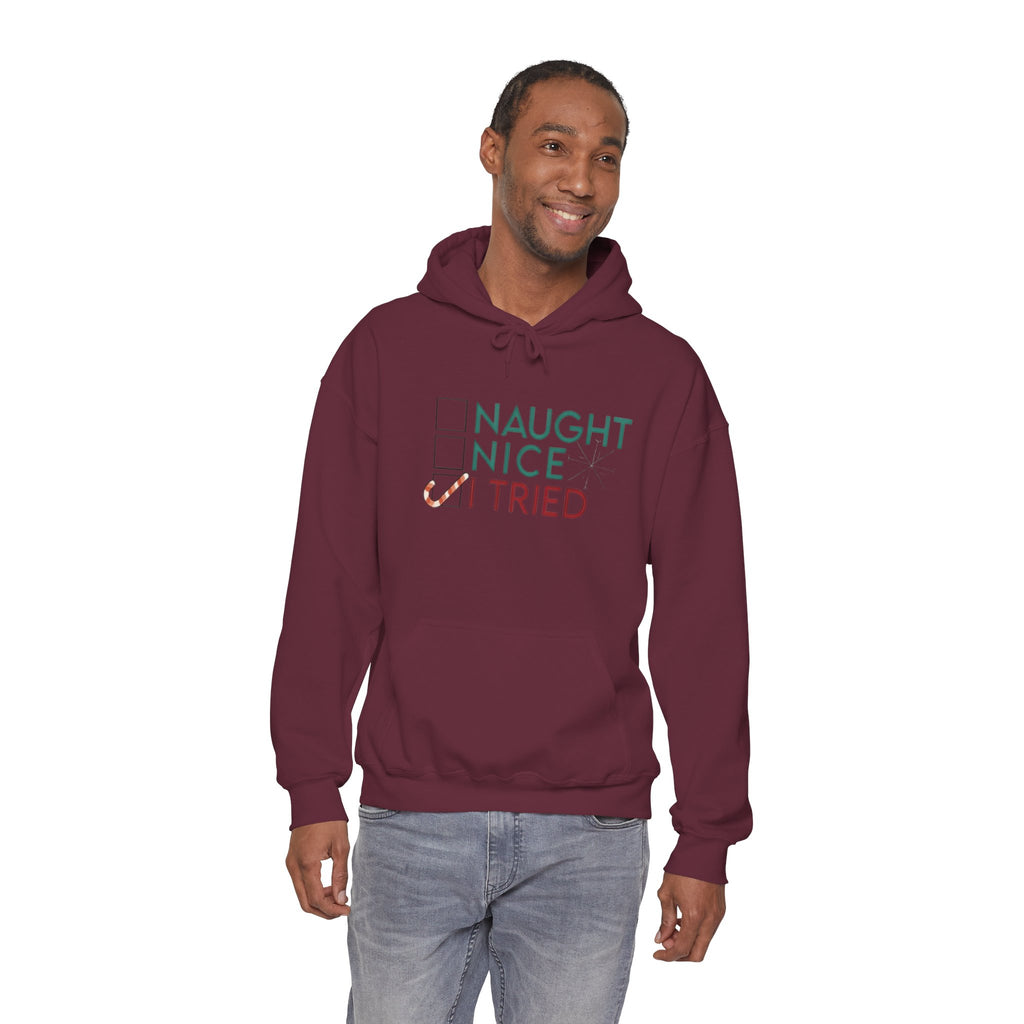 Holiday Hoodie — "Naughty, Nice, I Tried" Funny Christmas Sweatshirt