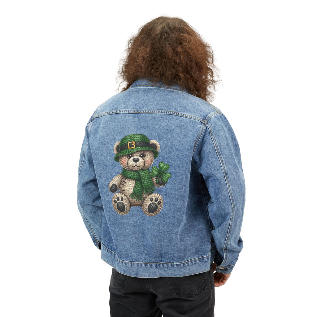 Denim Jacket with St. Patrick’s Teddy Bear Back Patch — Lucky Shamrock Graphic