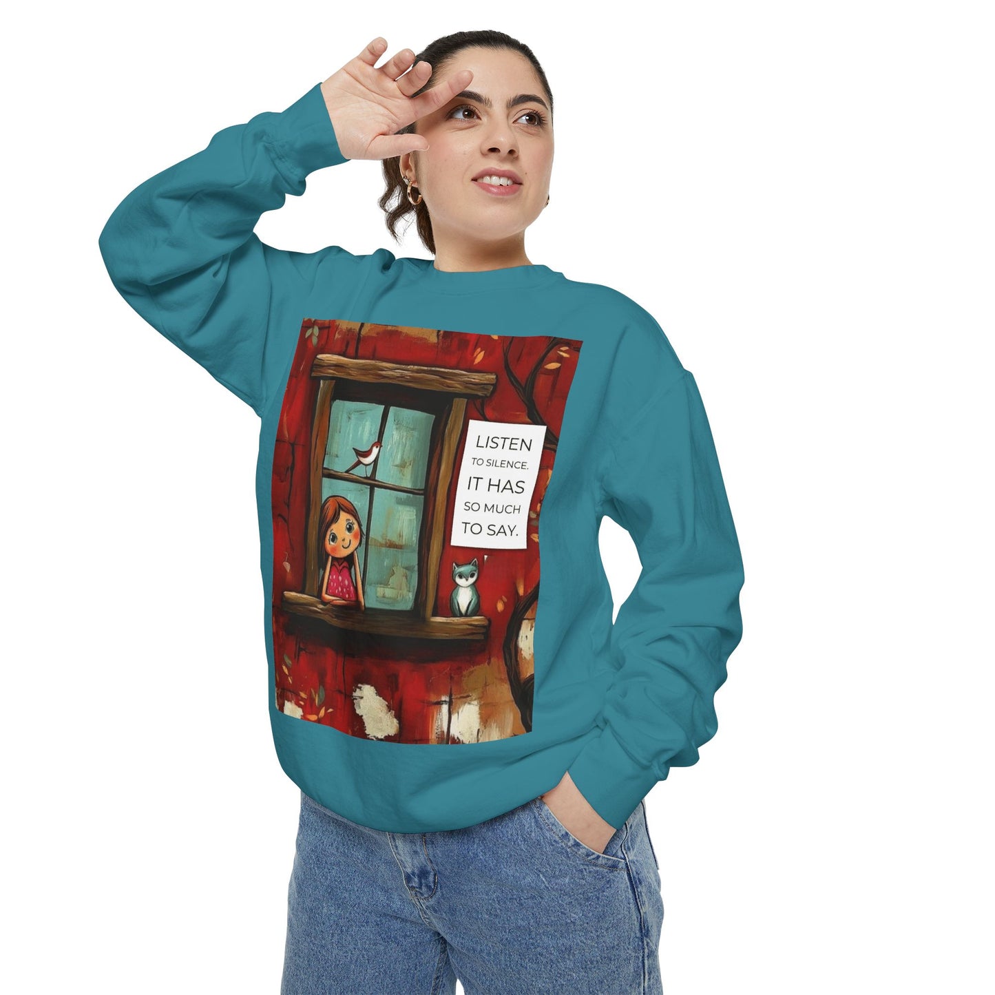 Cozy Window Scene Sweatshirt  "Listen, It Has So Much to Say" Graphic