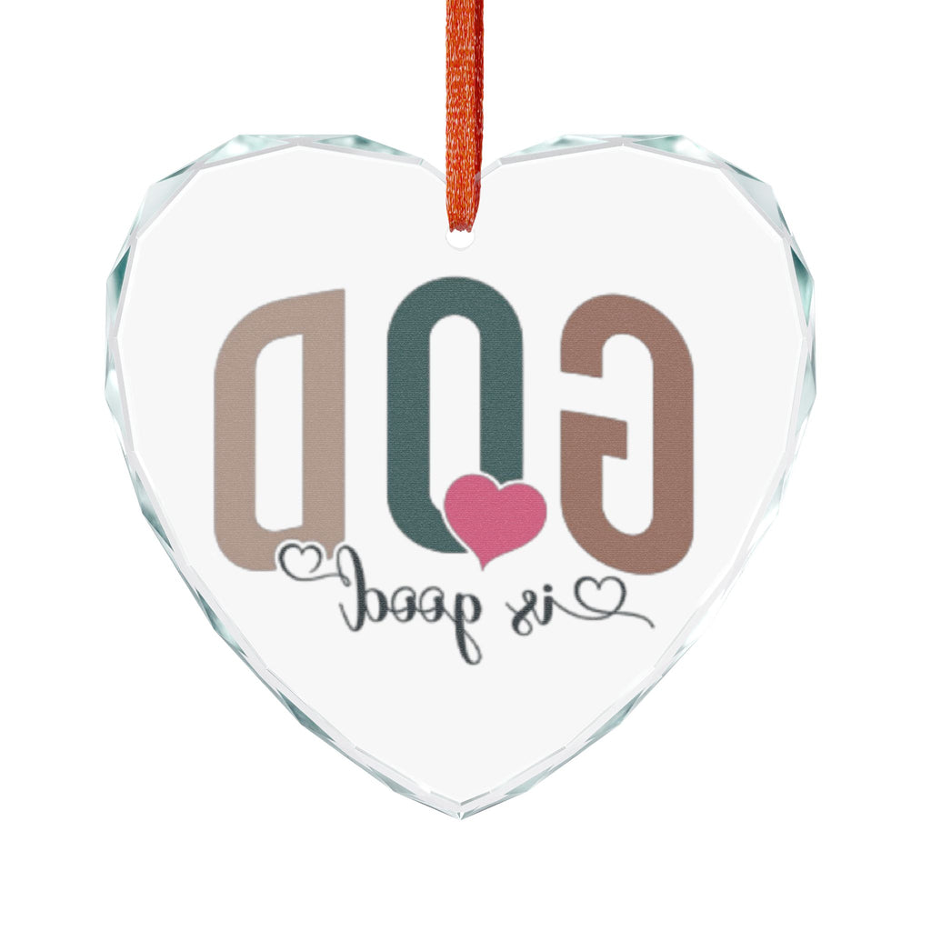Crystal Heart Ornament — “God Is Good” Religious Glass Ornament (Heart with Pink Heart Accent)