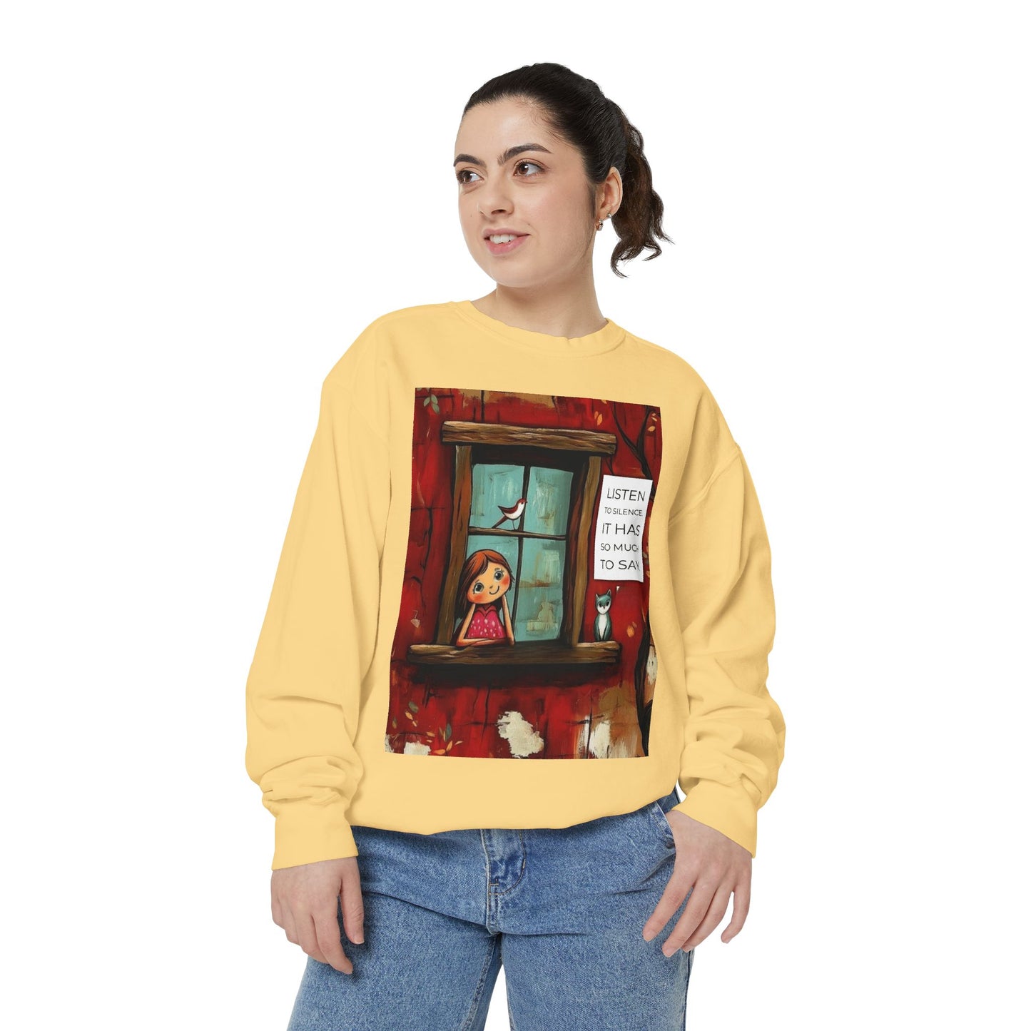 Cozy Window Scene Sweatshirt  "Listen, It Has So Much to Say" Graphic