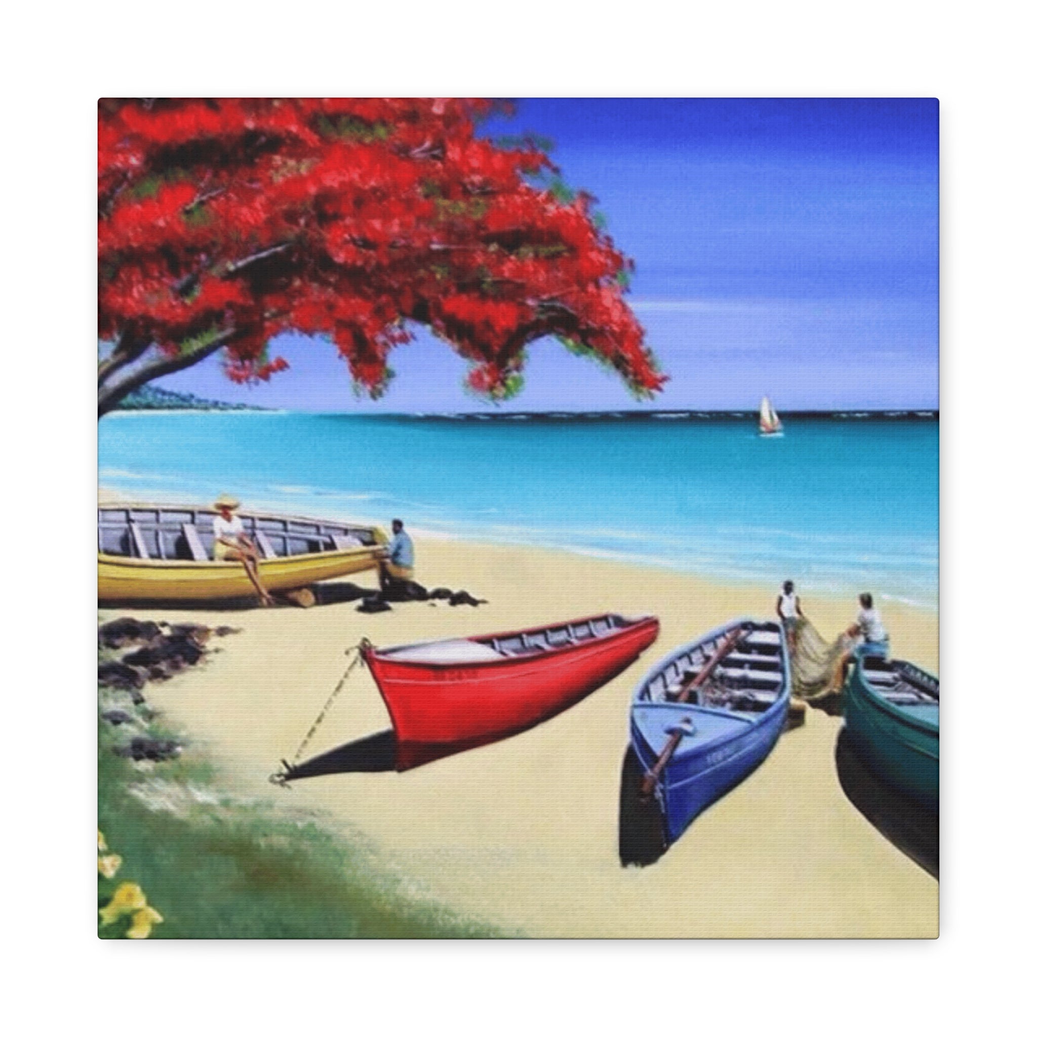 Beach Canoes Canvas Wall Art Tropical Seaside Landscape Matte Stretched Canvas