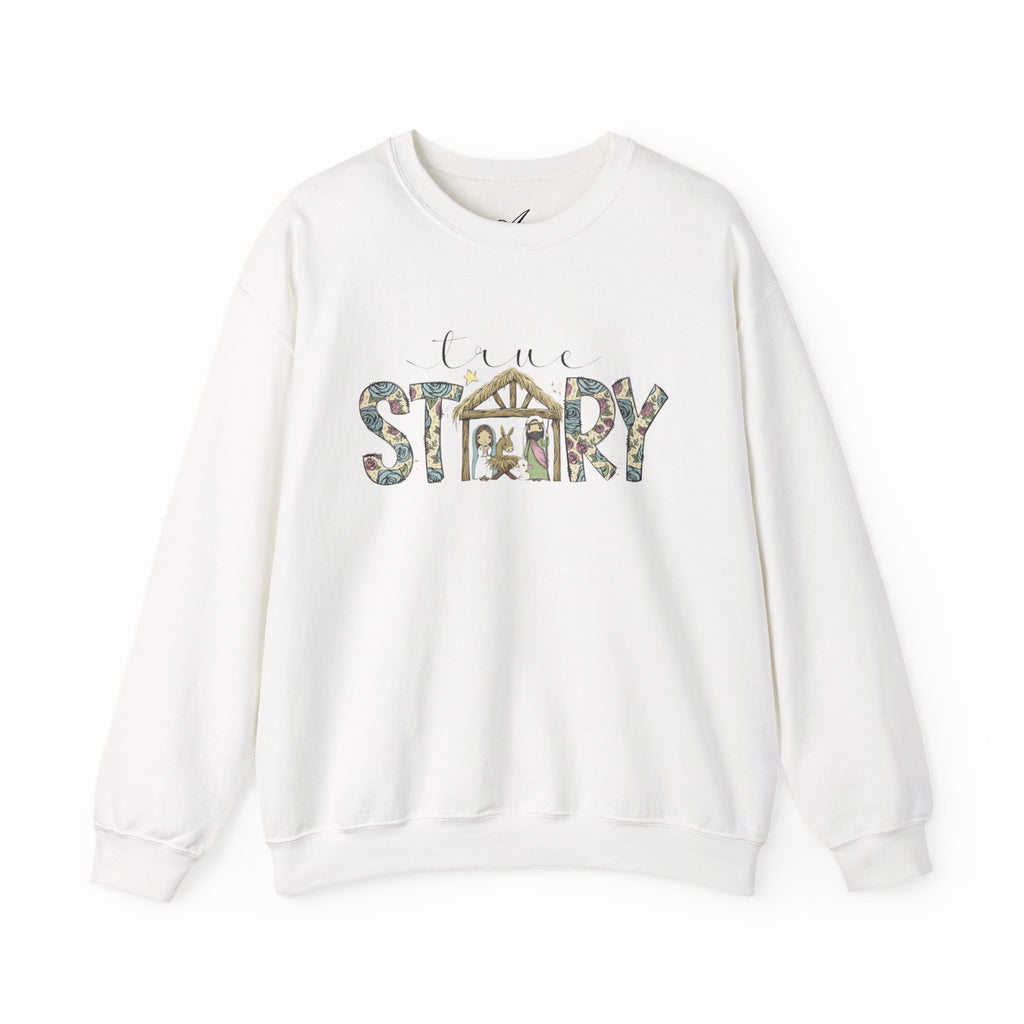 Crewneck Sweatshirt "Come Story" Floral Nativity Design  Cozy Christmas Pullover unique festive designs and joyful