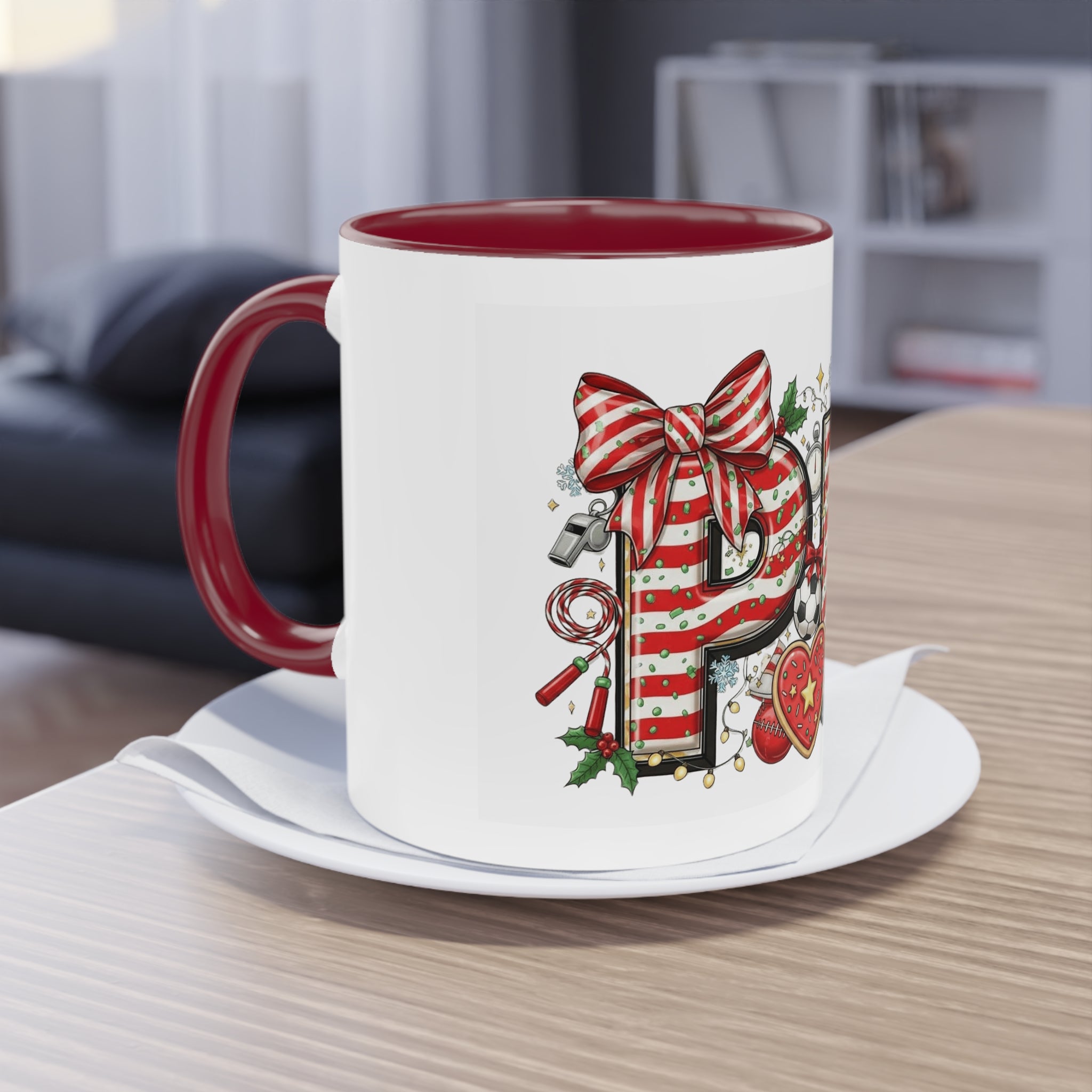 Holiday Sports Mom Coffee Mug Festive 'PE' Candy-Stripe Design, 11oz Two-Tone School Staff Christmas Mug Collection,