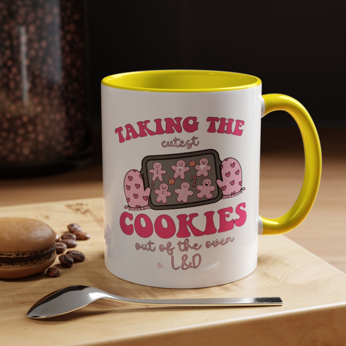 Accent Coffee Mug — "Taking the Cookies" Cute Pink Baking Design Coffee Cup for Fun Celebrations