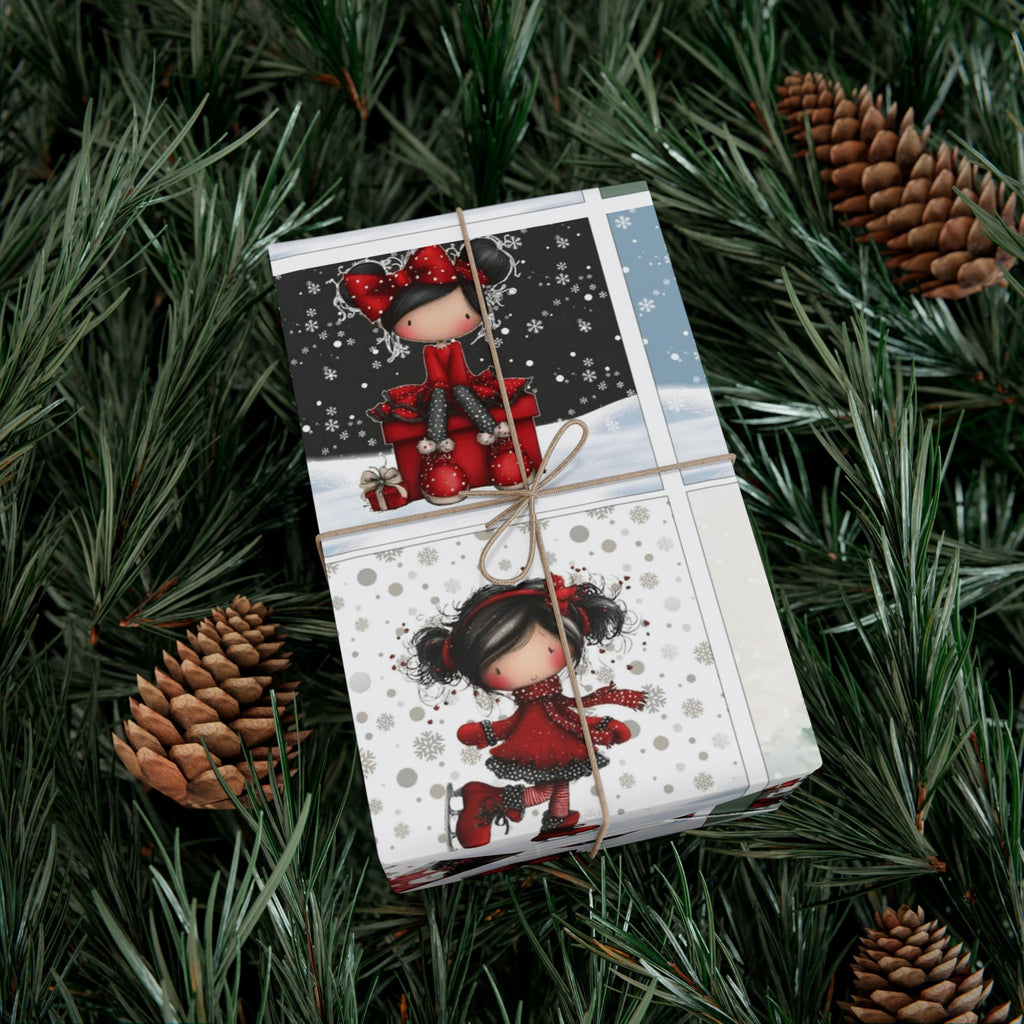 Festive Wrapping Paper Gift Wrap Papers - Cute Holiday Girl Patterned Wrapping Paper Rolls (Snow, Red Bows)