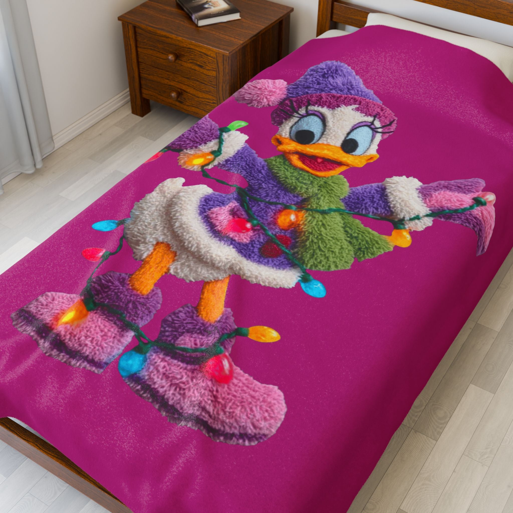 Daisy Duck Holiday Velveteen Plush Blanket — Cozy Christmas Lights Throw for Kids & Fans
