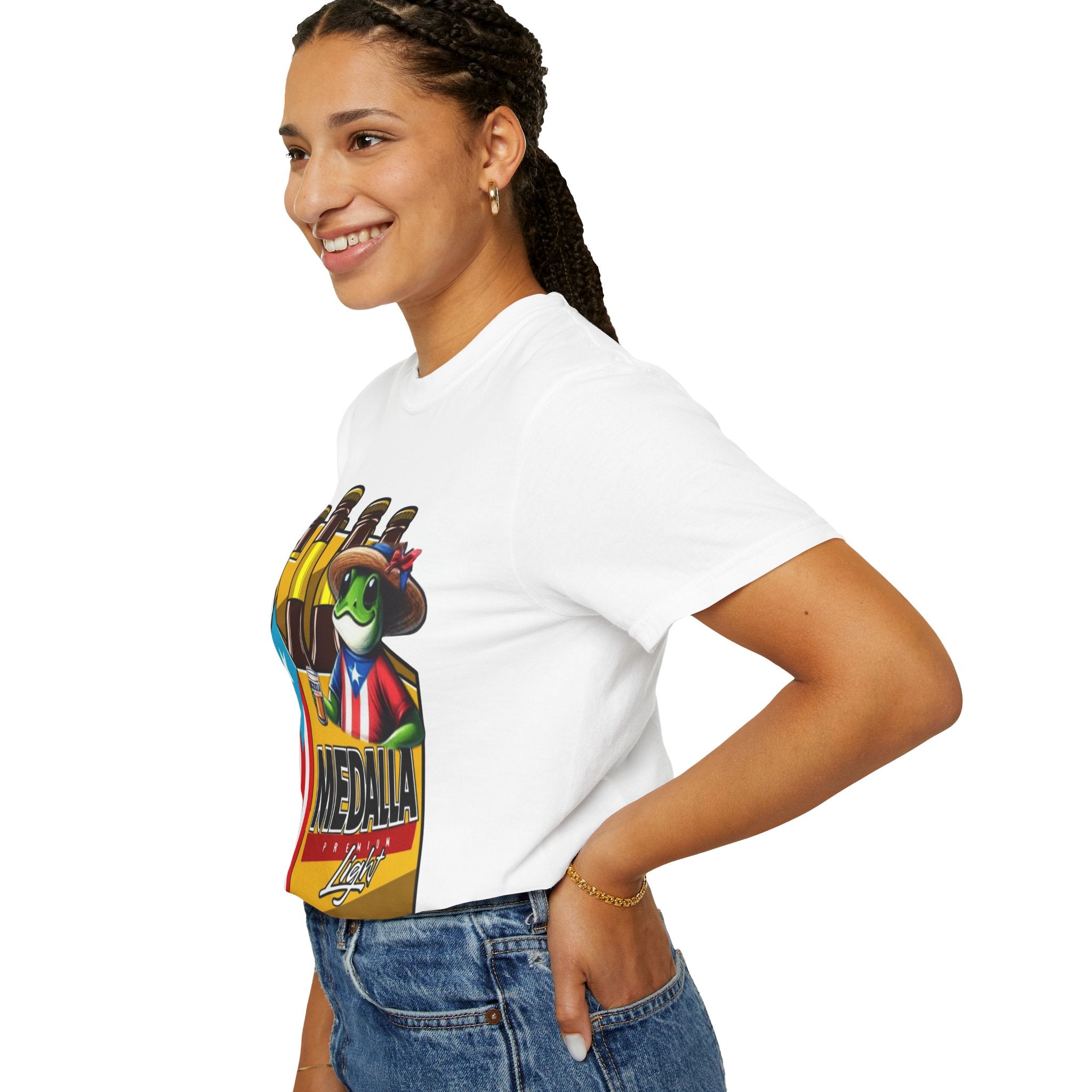 Medalla Light Puerto Rican Beer T-Shirt Coqui Frog Mascot Six-Pack Graphic Tee Puerto Rico’s Navidades