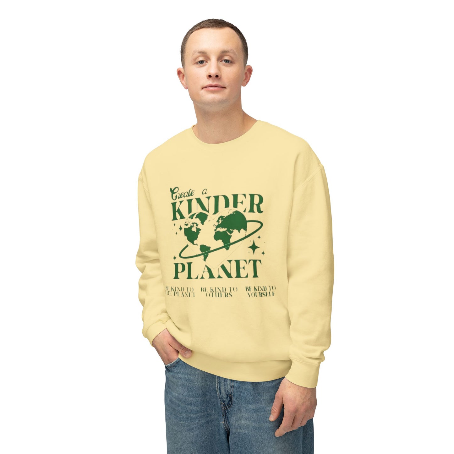Kinder Planet Crewneck Sweatshirt Eco-Friendly Earth Day Graphic Pullover
