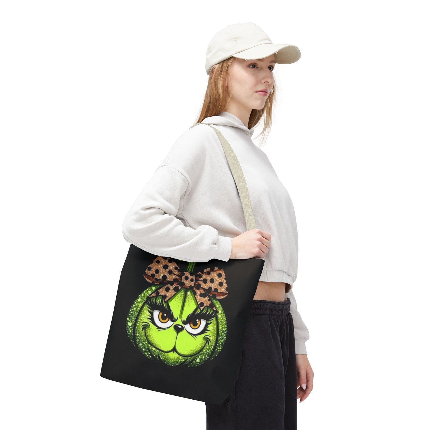 Grinch-Inspired Tote Bag with Polka Dot Bow Christmas Tote Bag Festive Holiday Design