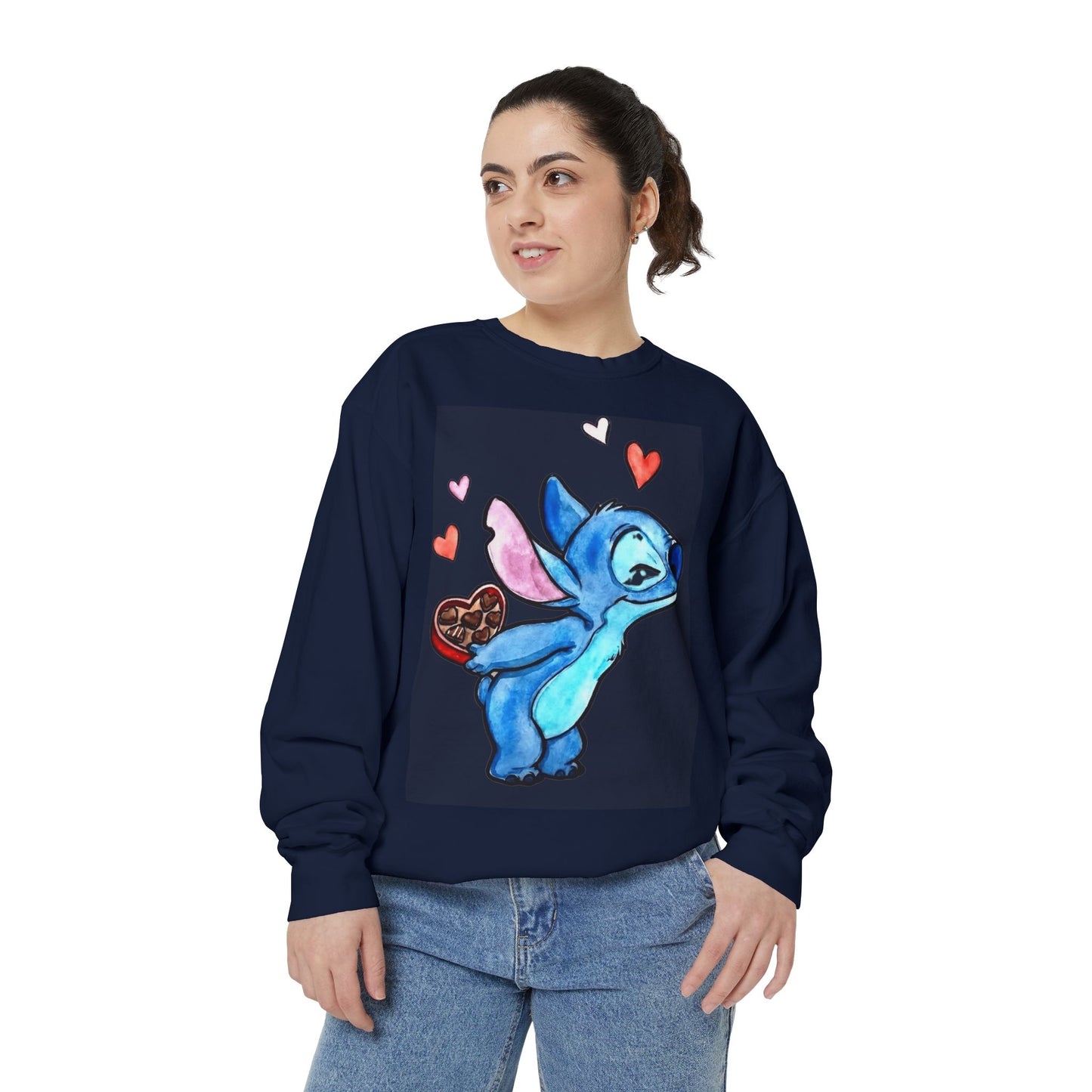 Stitch Valentine Sweatshirt — Cute Blue Alien with Hearts & Chocolate Pocket