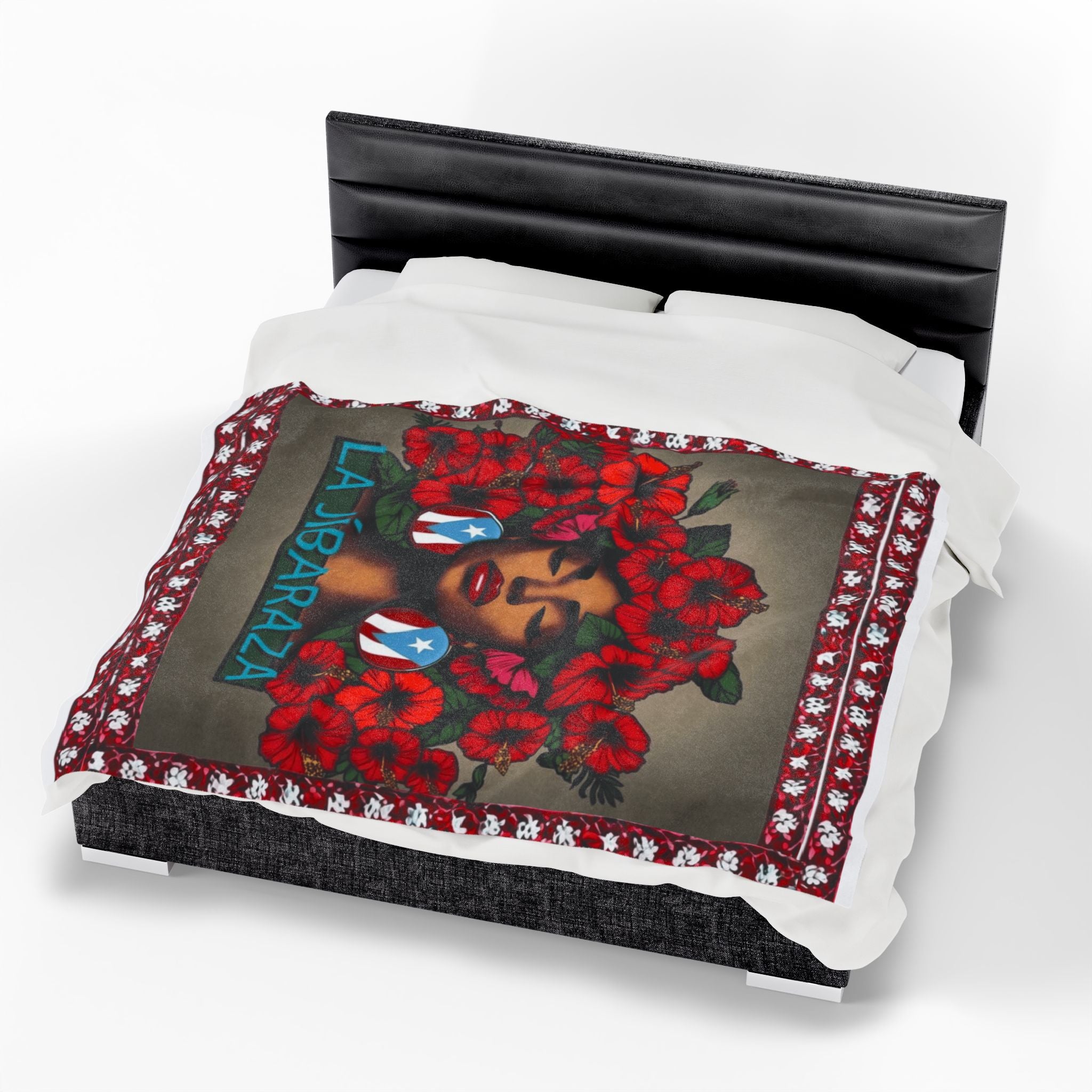 La Jíbaraza Velveteen Plush Blanket  Puerto Rican Floral Afro-Latina Portrait Throw