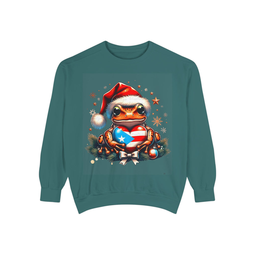 Christmas Coqui Sweatshirt — Cute Santa Frog Holding Ornament Holiday Sweater