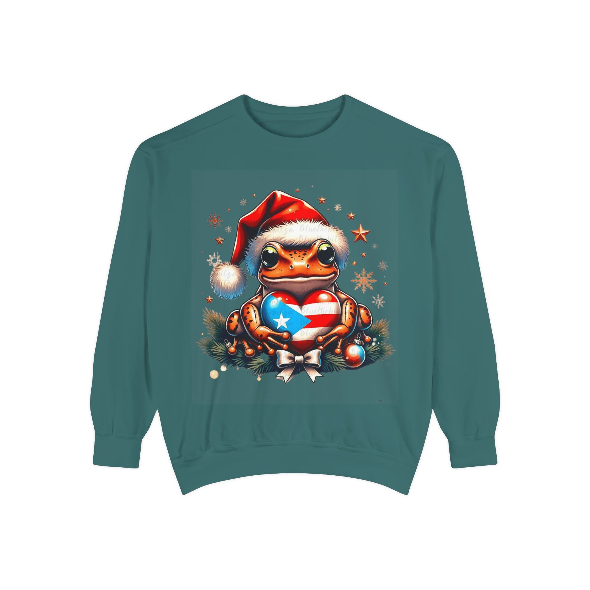 Christmas Coqui Sweatshirt — Cute Santa Frog Holding Ornament Holiday Sweater