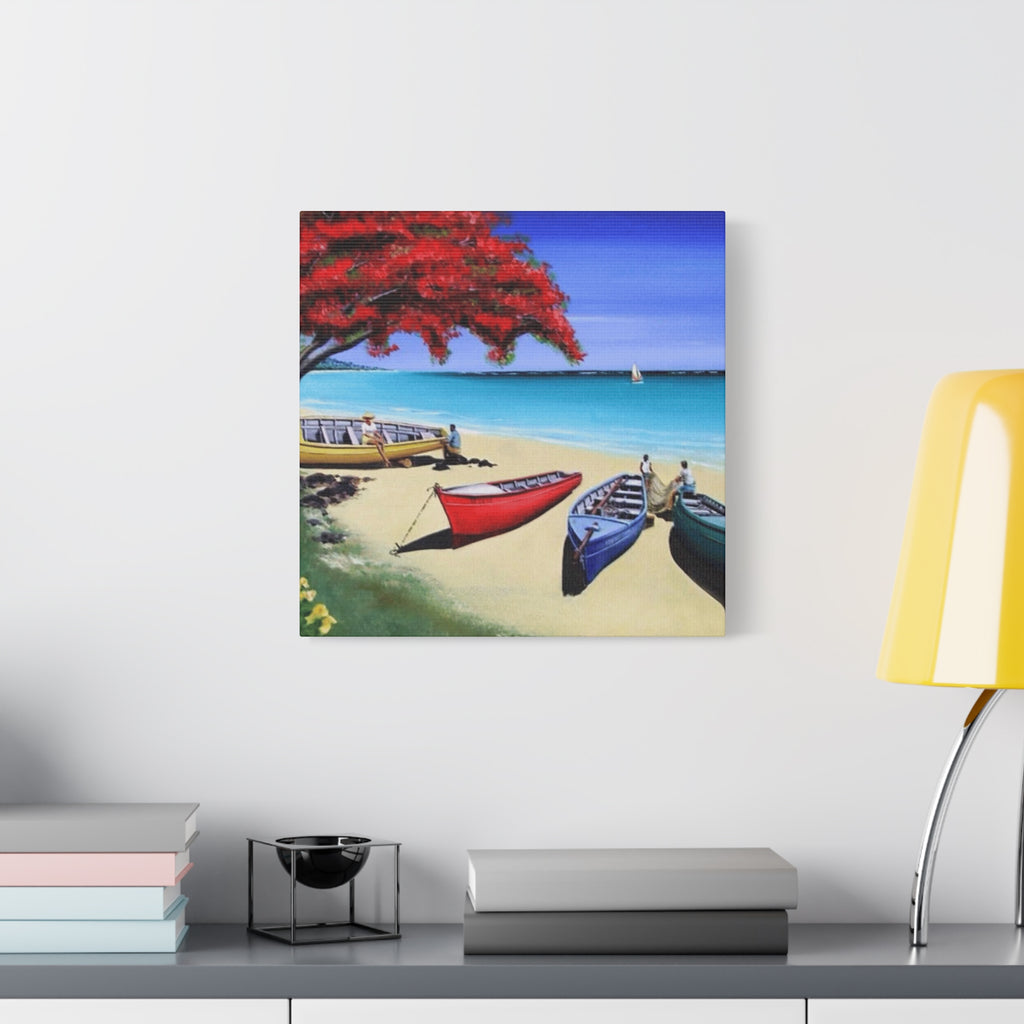 Beach Canoes Canvas Wall Art Tropical Seaside Landscape Matte Stretched Canvas