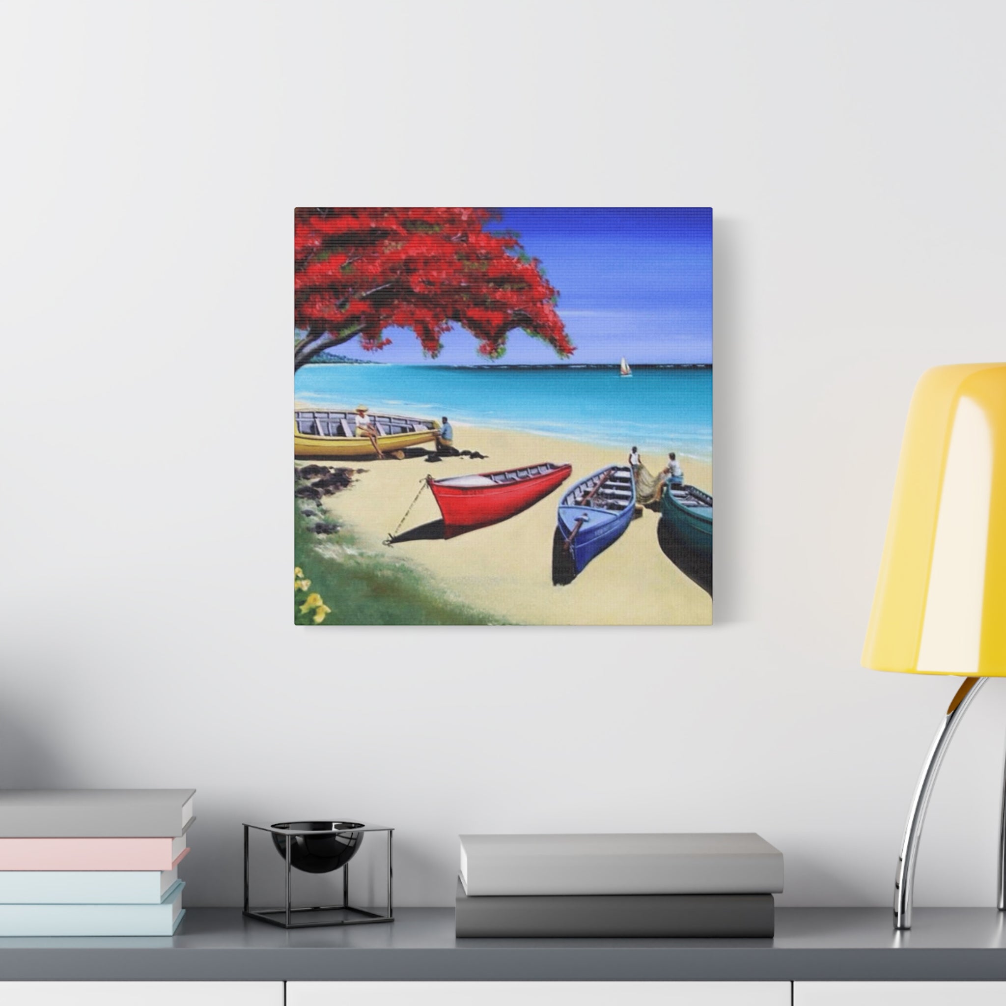 Beach Canoes Canvas Wall Art Tropical Seaside Landscape Matte Stretched Canvas
