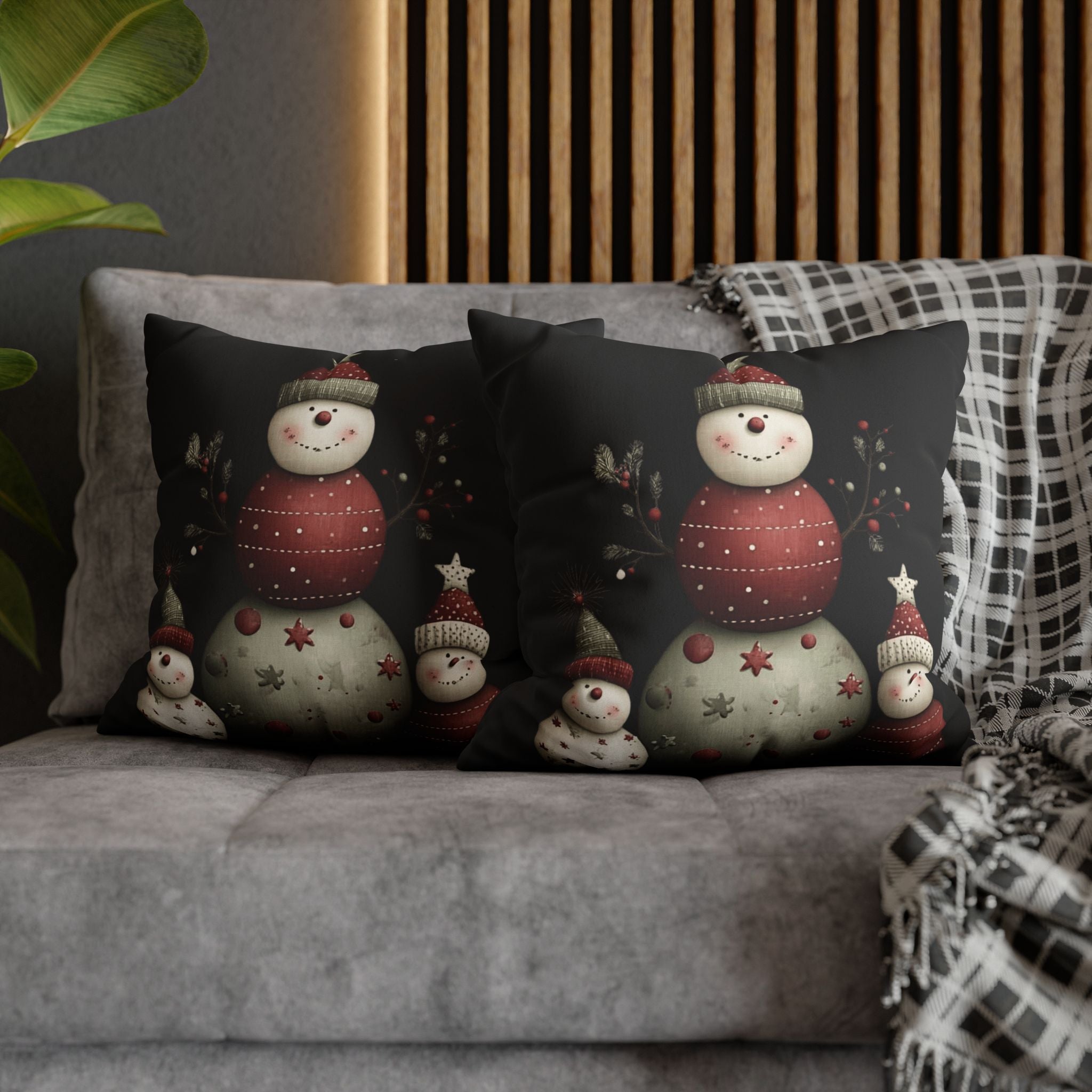 Christmas Snowman Faux Suede Pillowcase – Cute Stacked Snowmen Holiday Decor CHRISTMAS PILLOW DÉCOR