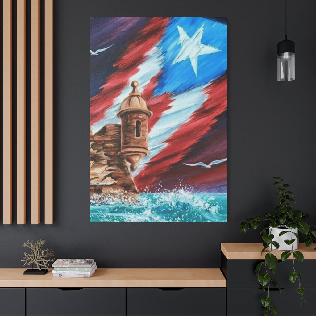 Patriotic Castillo Canvas Wall Art – Puerto Rico Flag Coastal Fortress Print