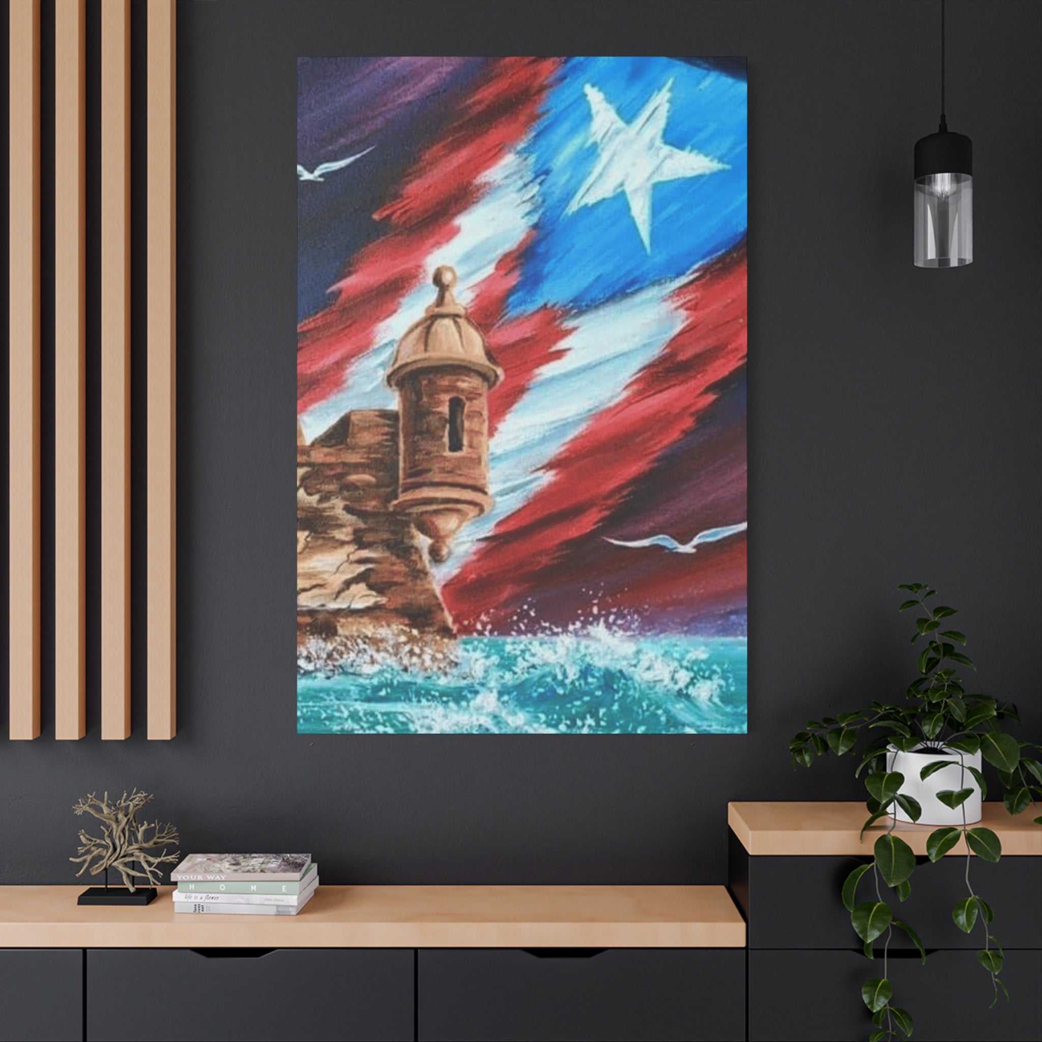 Patriotic Castillo Canvas Wall Art – Puerto Rico Flag Coastal Fortress Print