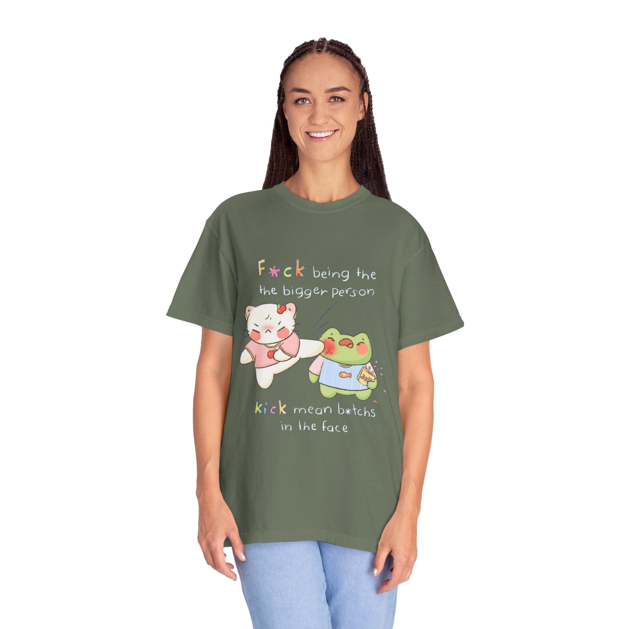 Graphic T-Shirt  Cute Kicking Cat & Frog with 'F*ck Being The Bigger Person' Slogan