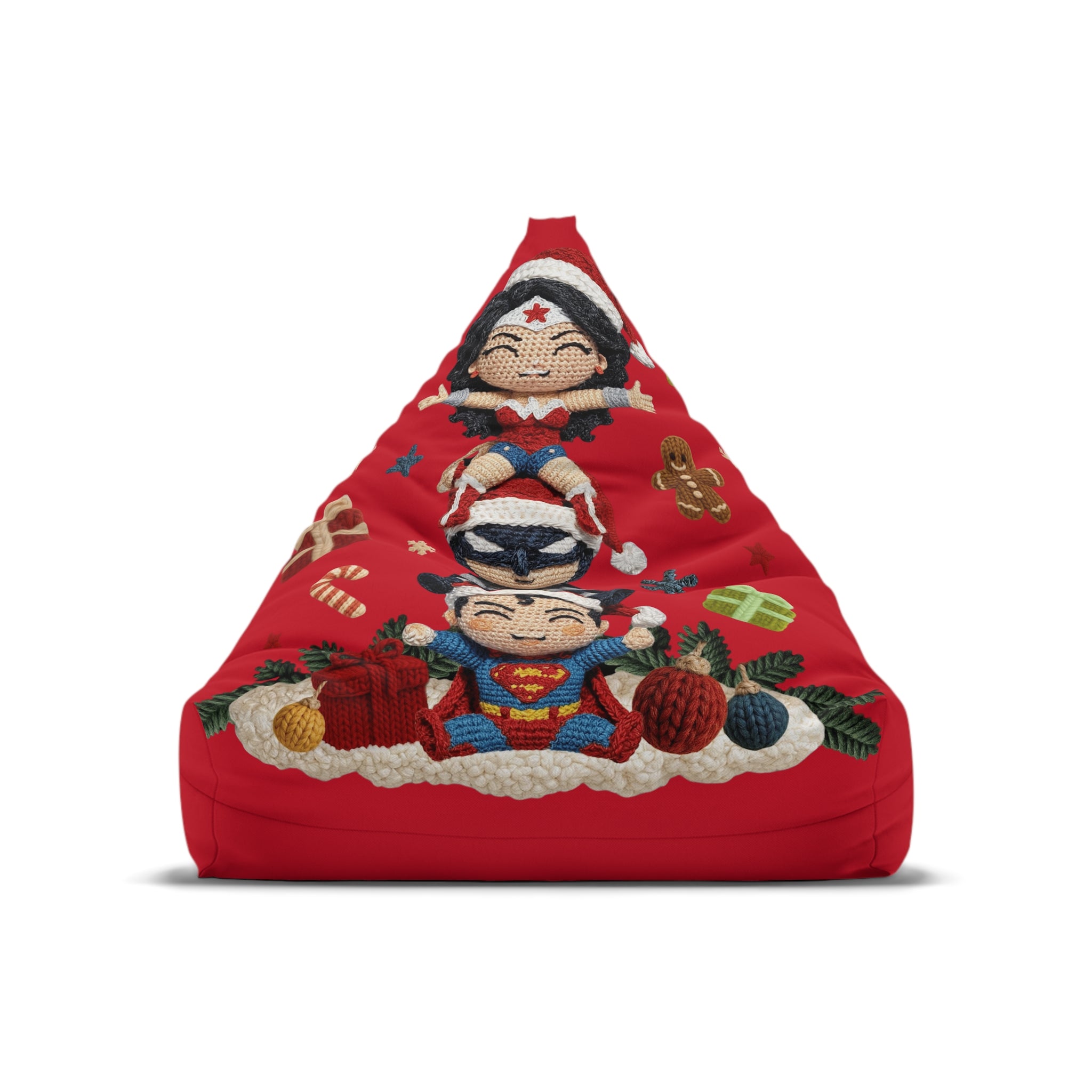Holiday Superhero Bean Bag Cover — Festive Red Wonder Woman & Superman Knit Design