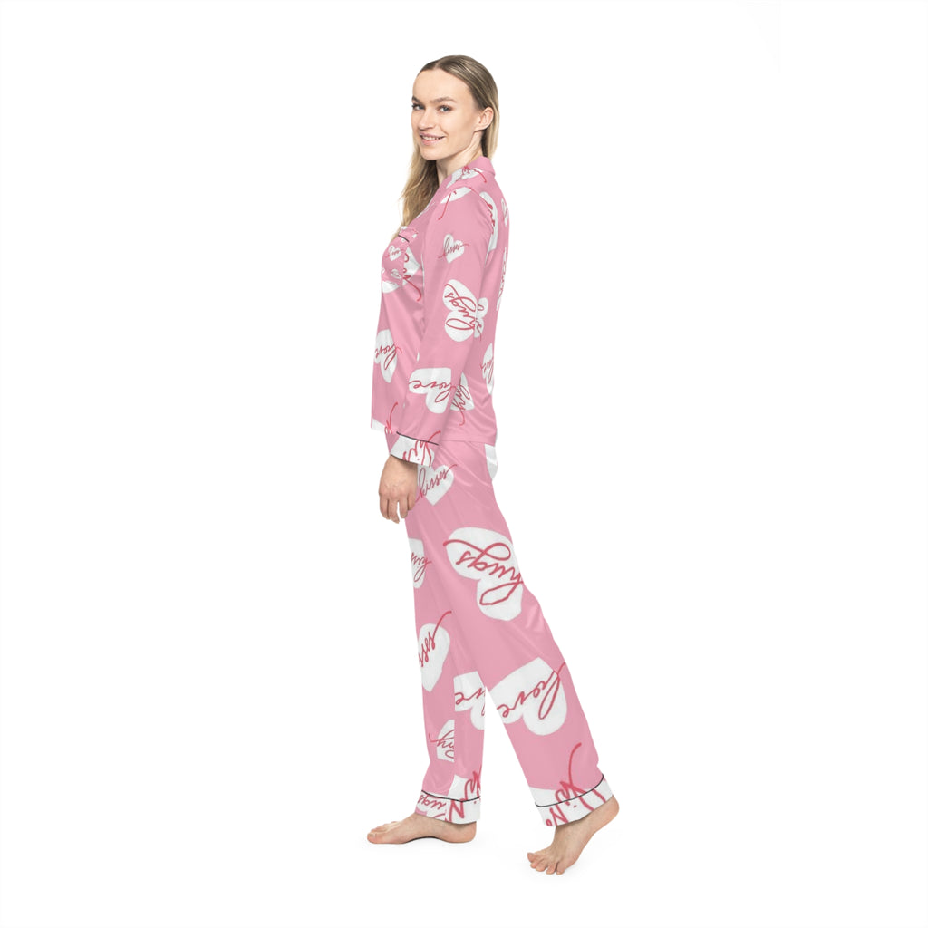 Pink Satin Pajama Set — Heart & 'Love' All-Over Print