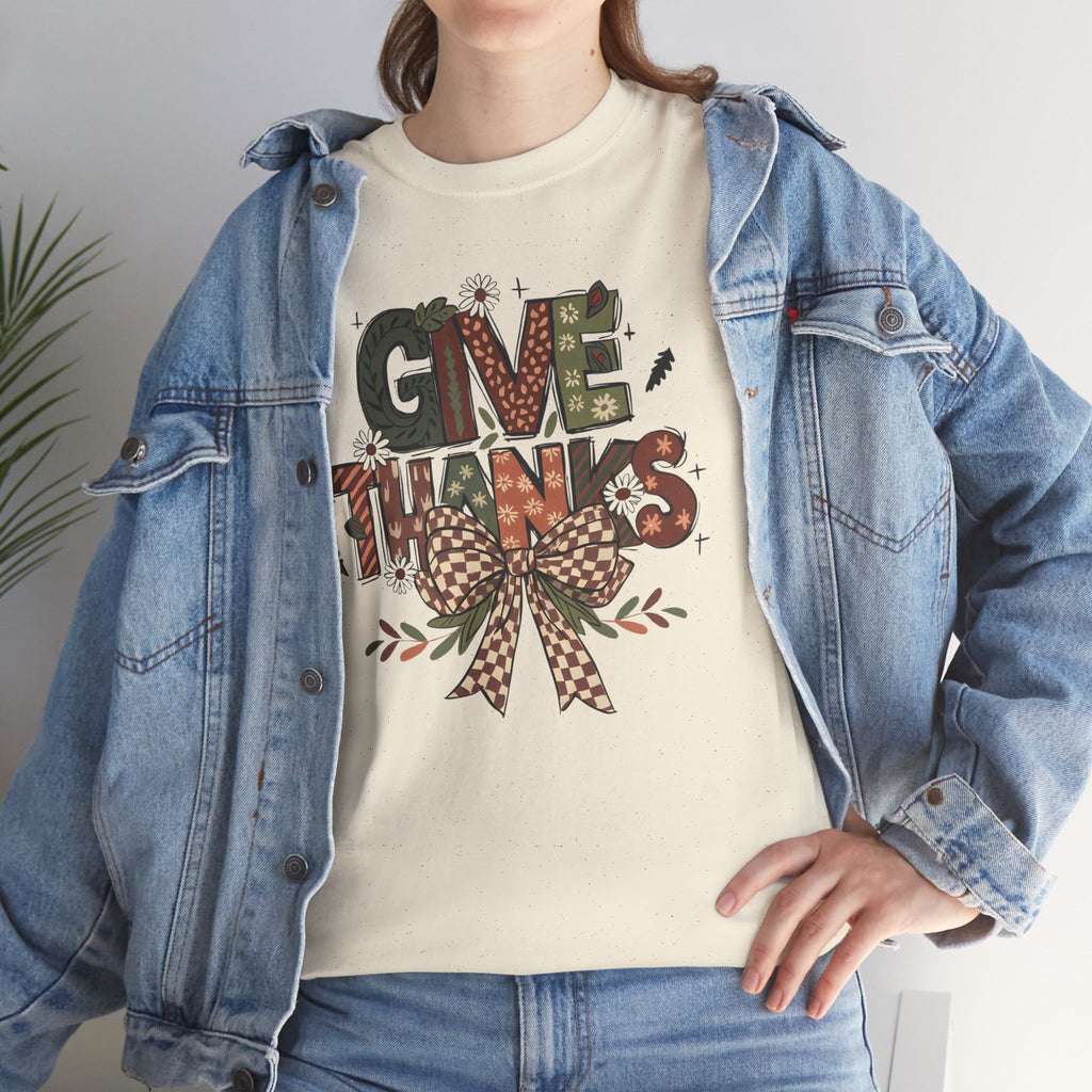 Give Thanks Tee Thanksgiving Graphic T-Shirt with Rustic Bow Design