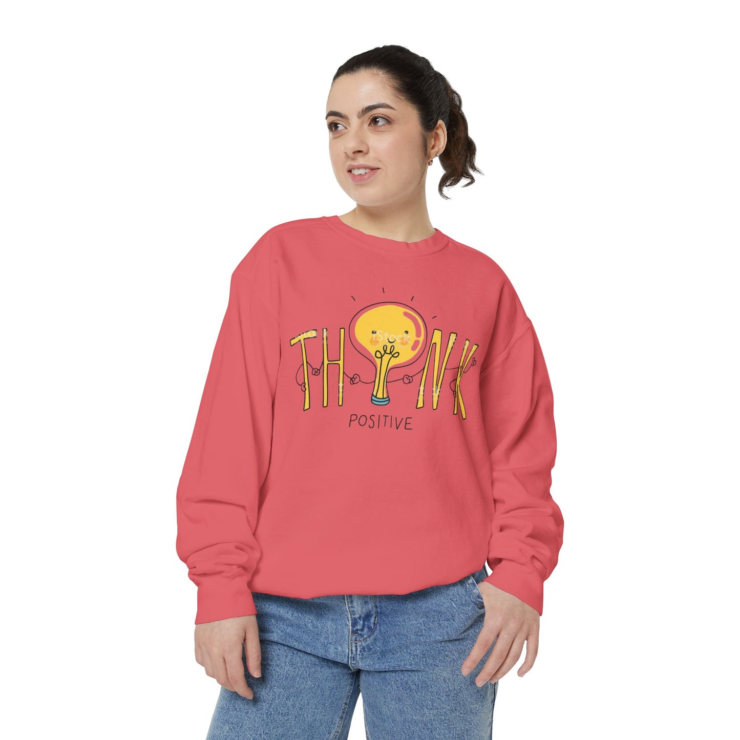 Think Positive Sweatshirt  Cute Lightbulb Graphic Positive Vibes Crewneck