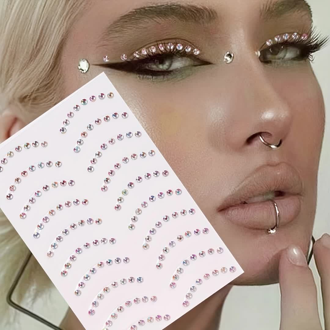 1, 3D Simulated Eyebrow-Shaped Curved Moon Sparkle Rhinestones, Eye And Face Decal Stickers, Holiday Accessories DIY Make-Up Party Decorations