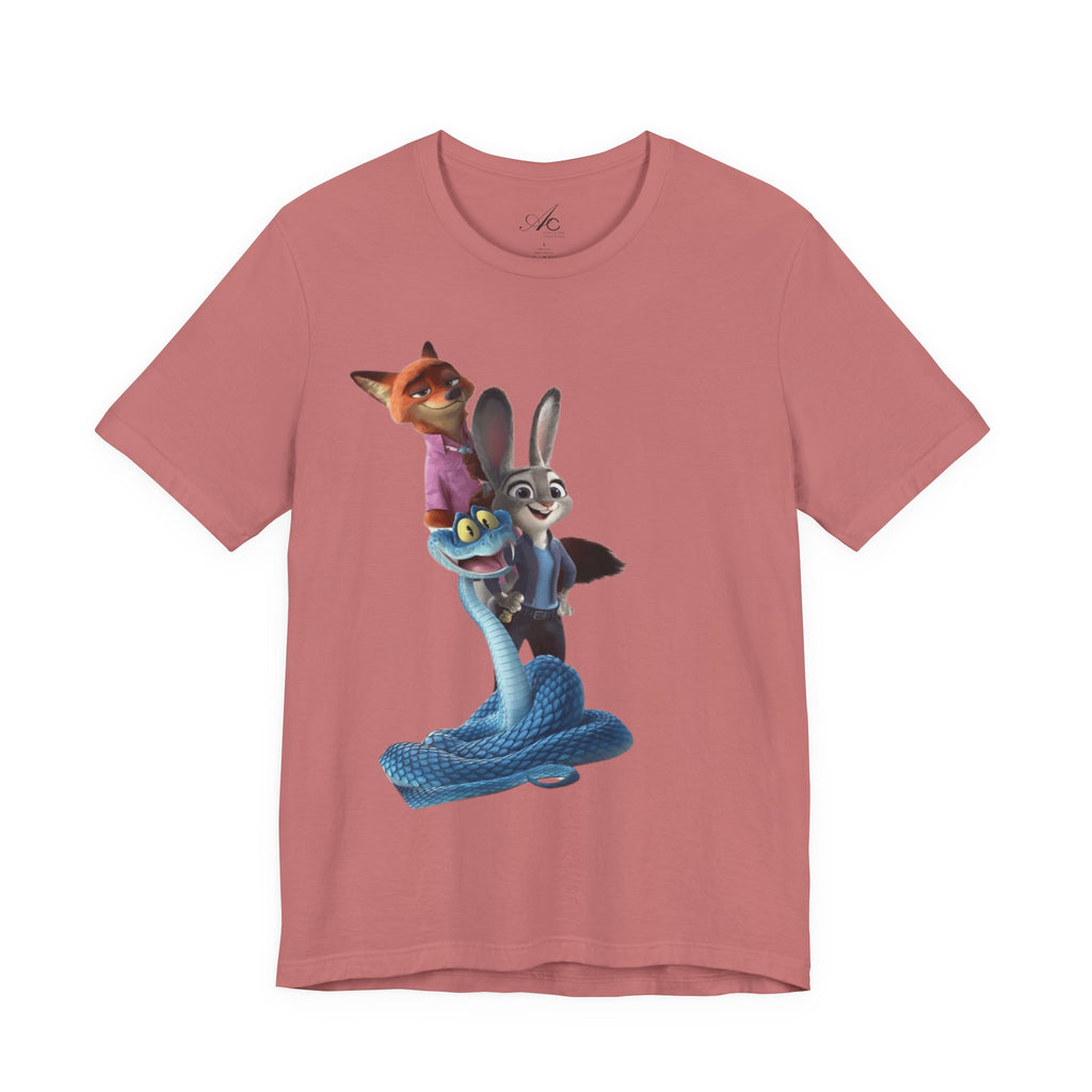 Animated Character Tee — Cute Fox & Bunny Stack Graphic T-Shirt  cartoon-style Christmas artwork