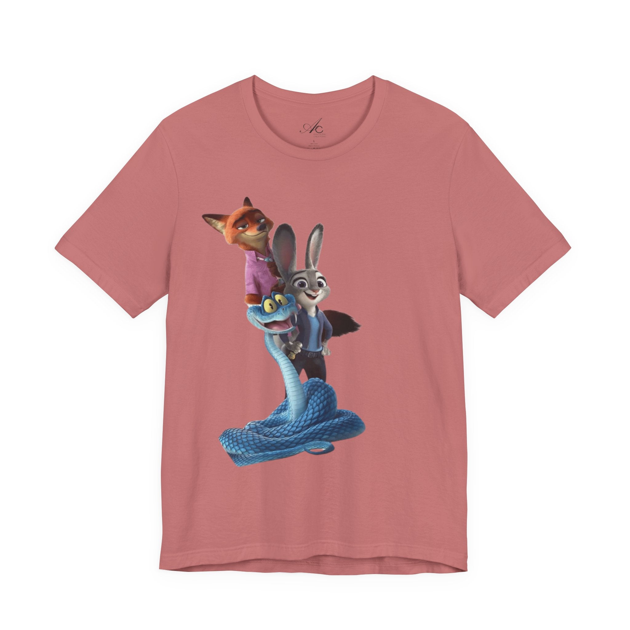 Animated Character Tee — Cute Fox & Bunny Stack Graphic T-Shirt  cartoon-style Christmas artwork