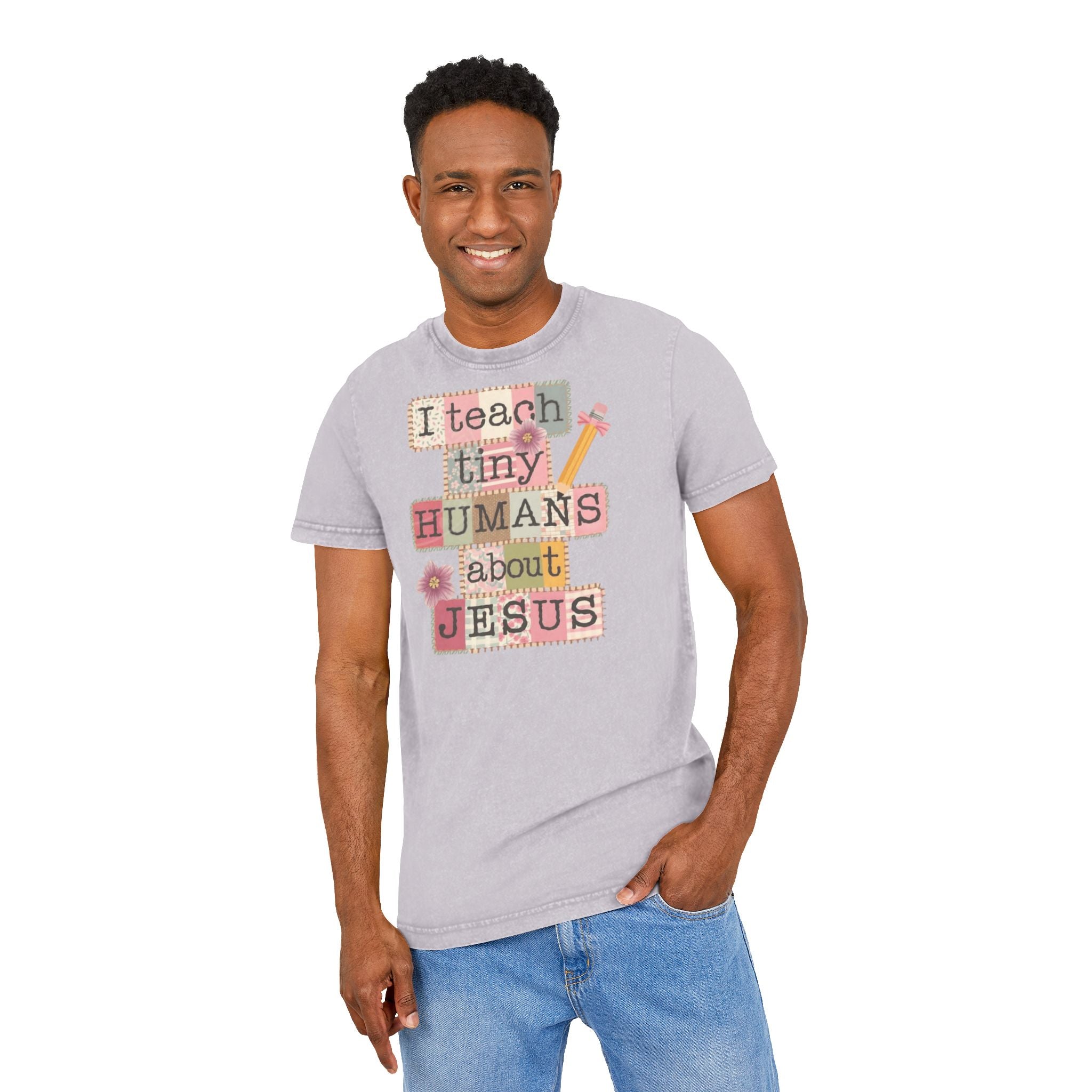 Christian Teacher Acid-Wash Tee  "I Teach Tiny Humans About Jesus"
