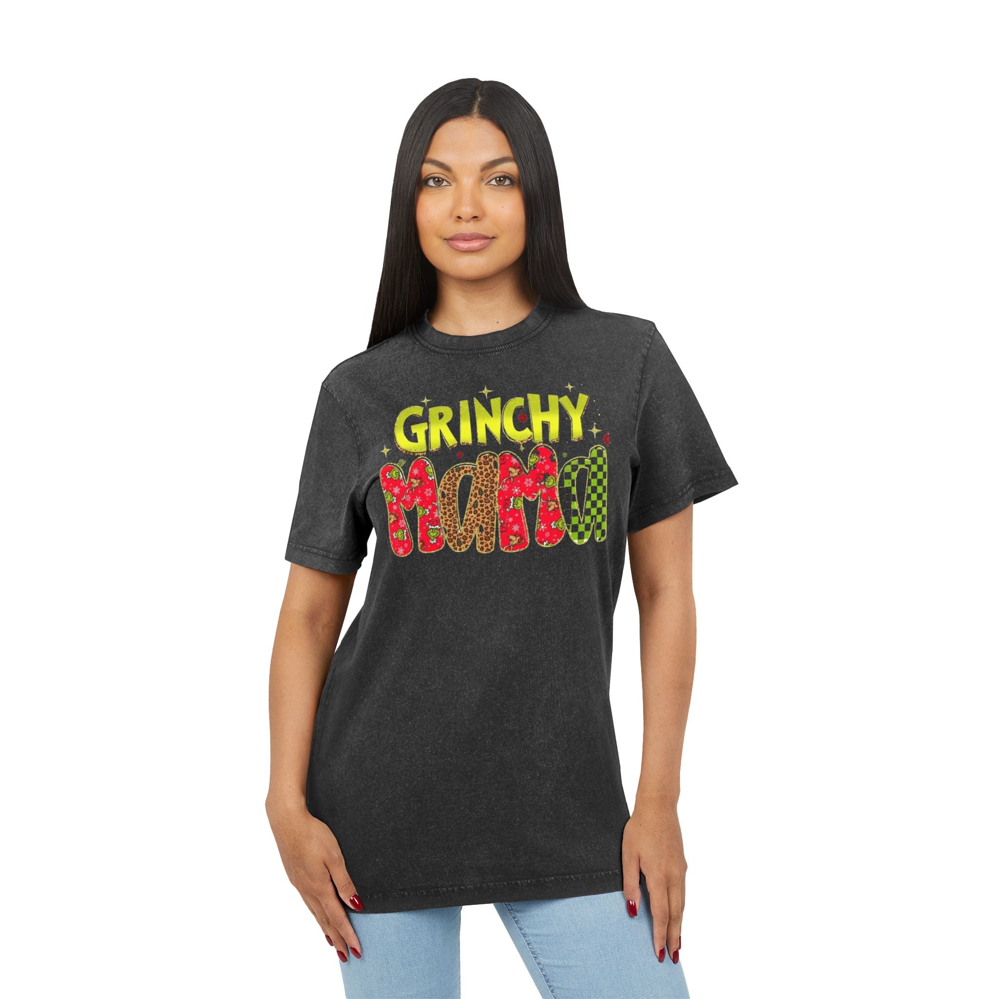 Grinchy Mama Acid-Wash Tee  Holiday Family Christmas Shirt