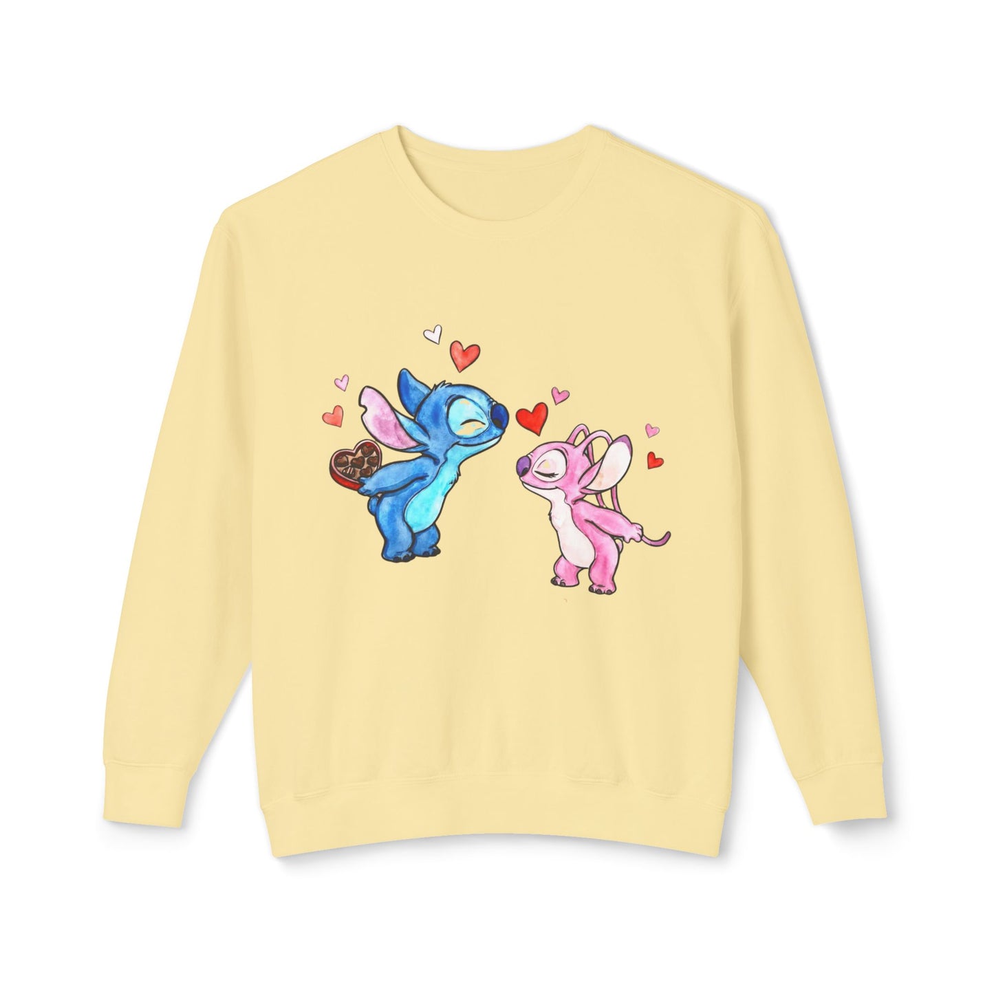 Cute Stitch Valentine Sweatshirt — Blue & Pink Love Characters with Hearts