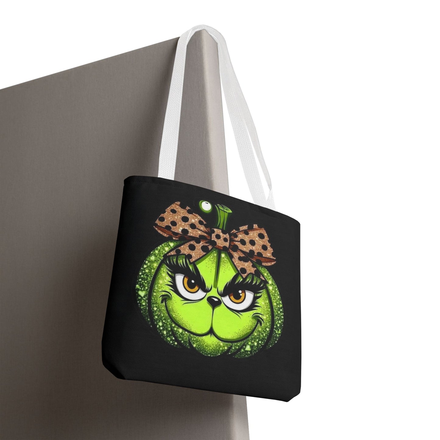 Grinch-Inspired Tote Bag with Polka Dot Bow Christmas Tote Bag Festive Holiday Design